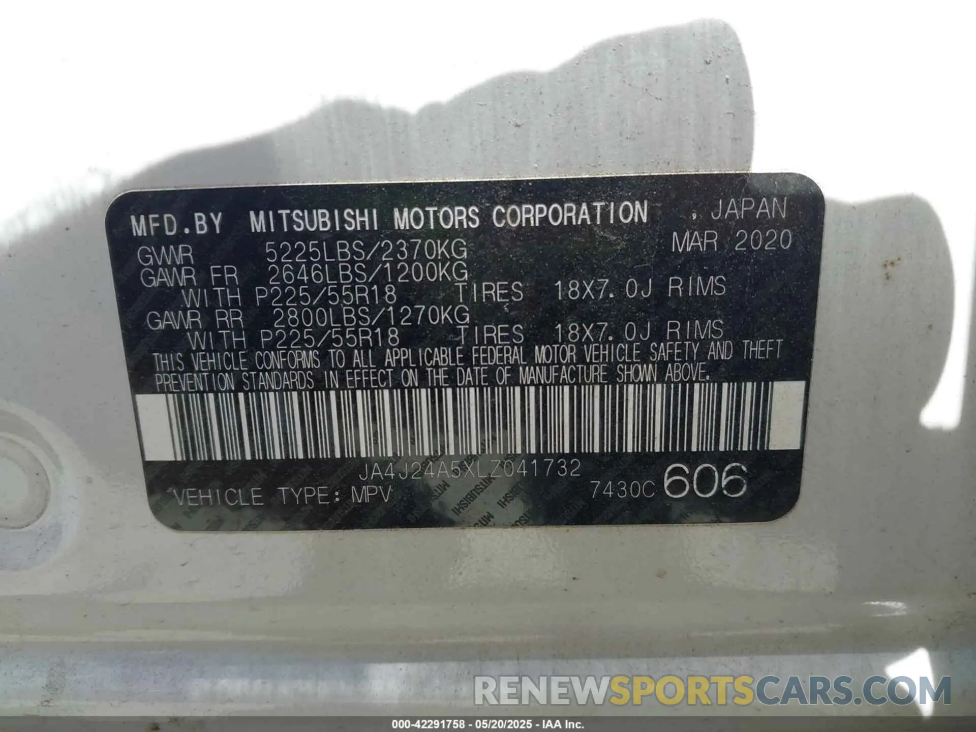 9 Photograph of a damaged car JA4J24A5XLZ041732 MITSUBISHI OUTLANDER PHEV 2020