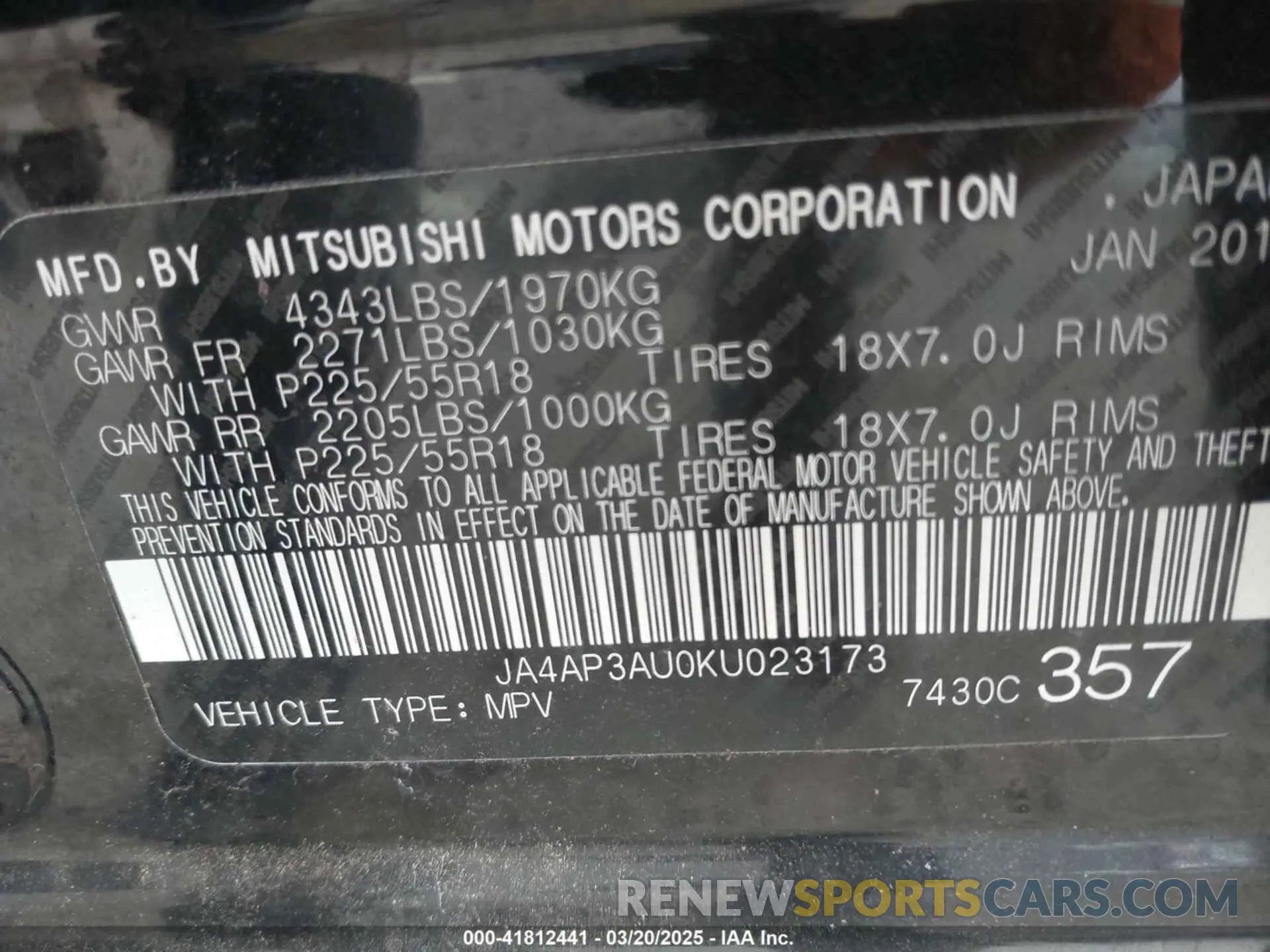 9 Photograph of a damaged car JA4AP3AU0KU023173 MITSUBISHI OUTLANDER SPORT 2019