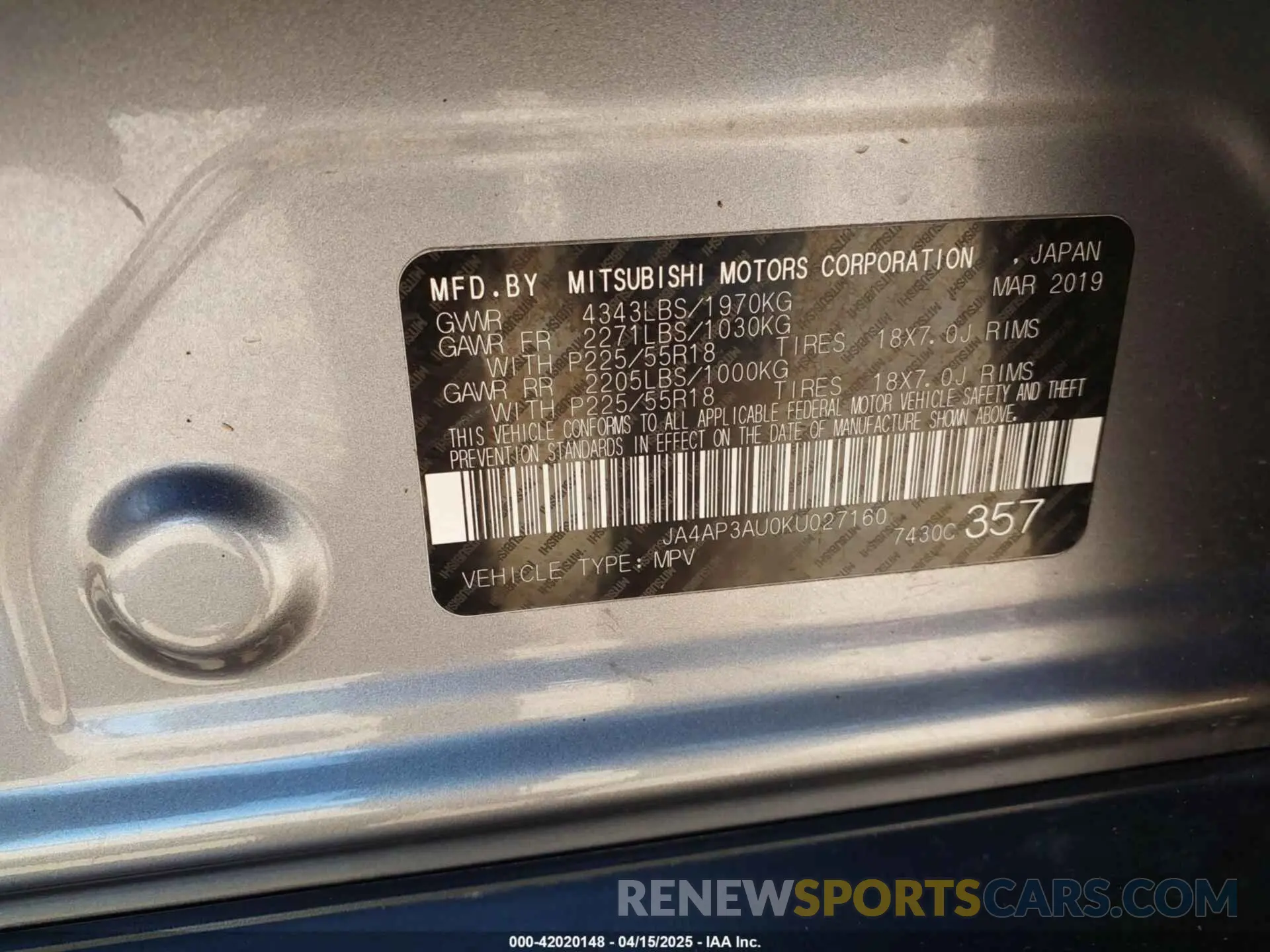 9 Photograph of a damaged car JA4AP3AU0KU027160 MITSUBISHI OUTLANDER SPORT 2019
