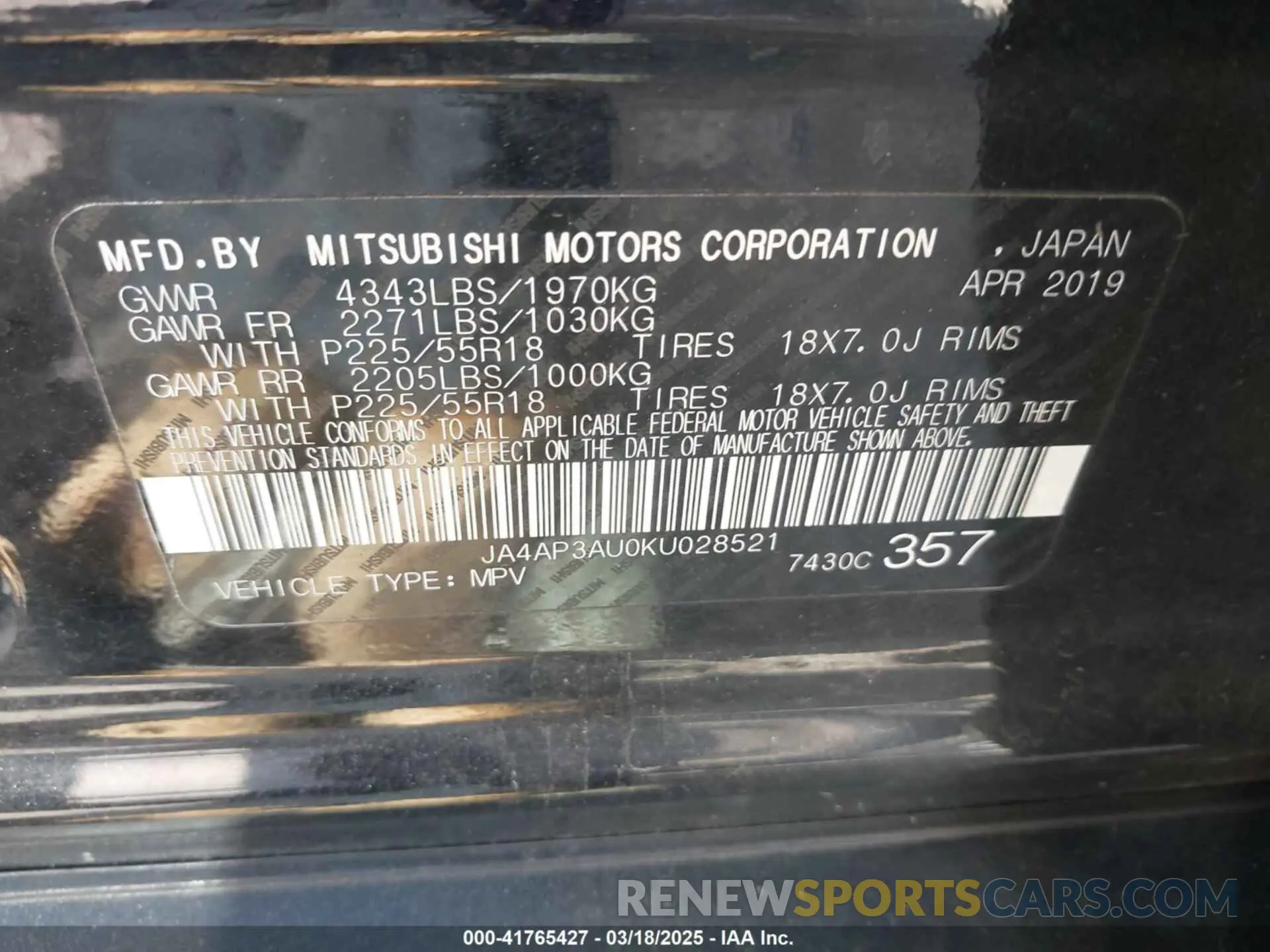 9 Photograph of a damaged car JA4AP3AU0KU028521 MITSUBISHI OUTLANDER SPORT 2019