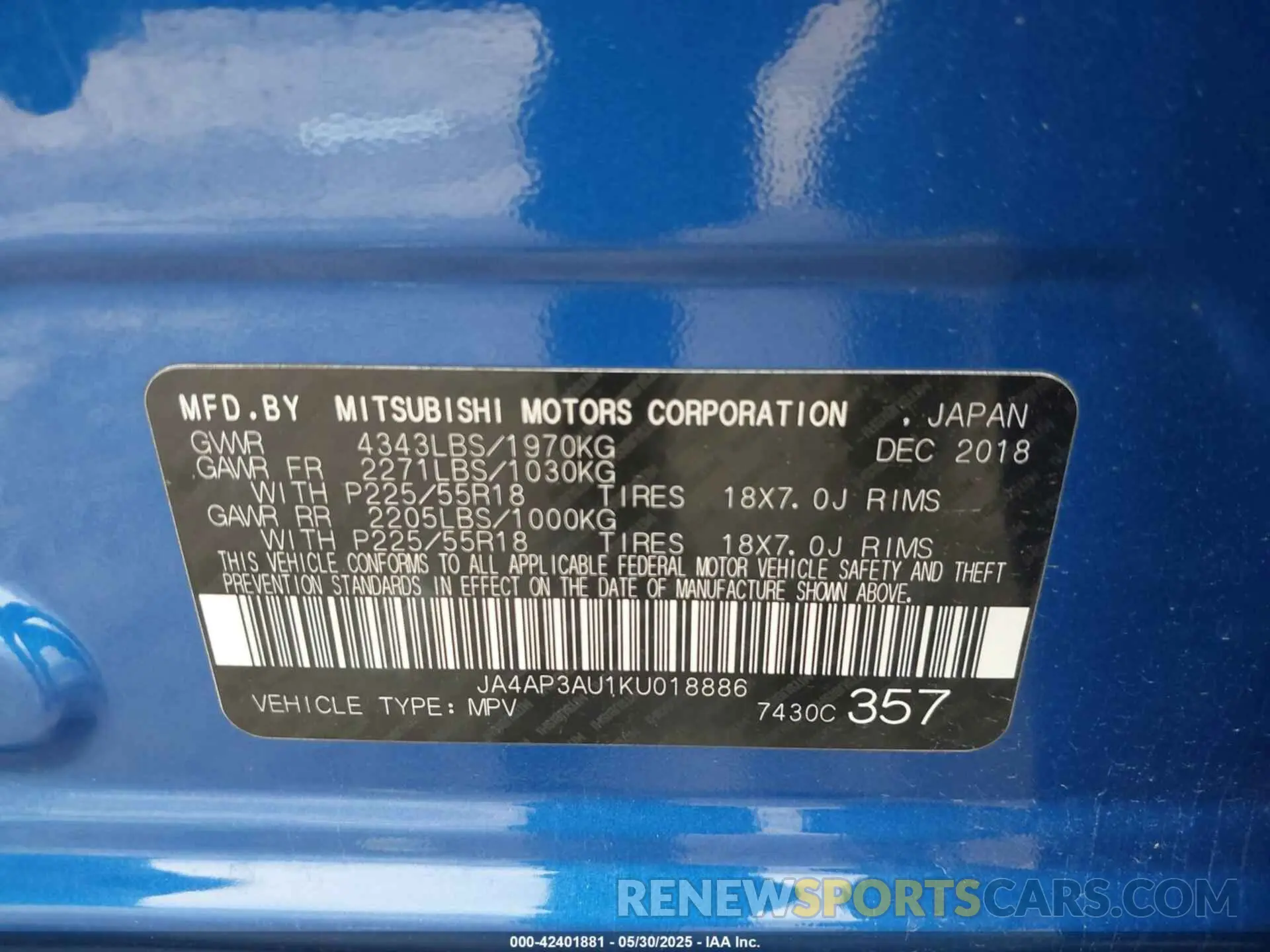 9 Photograph of a damaged car JA4AP3AU1KU018886 MITSUBISHI OUTLANDER SPORT 2019