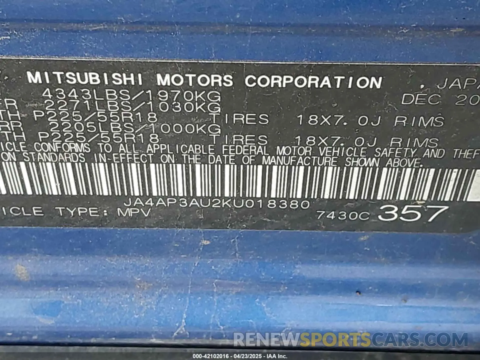 9 Photograph of a damaged car JA4AP3AU2KU018380 MITSUBISHI OUTLANDER SPORT 2019