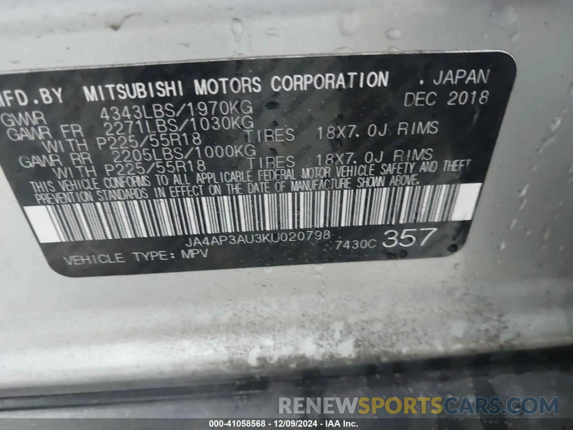 9 Photograph of a damaged car JA4AP3AU3KU020798 MITSUBISHI OUTLANDER SPORT 2019