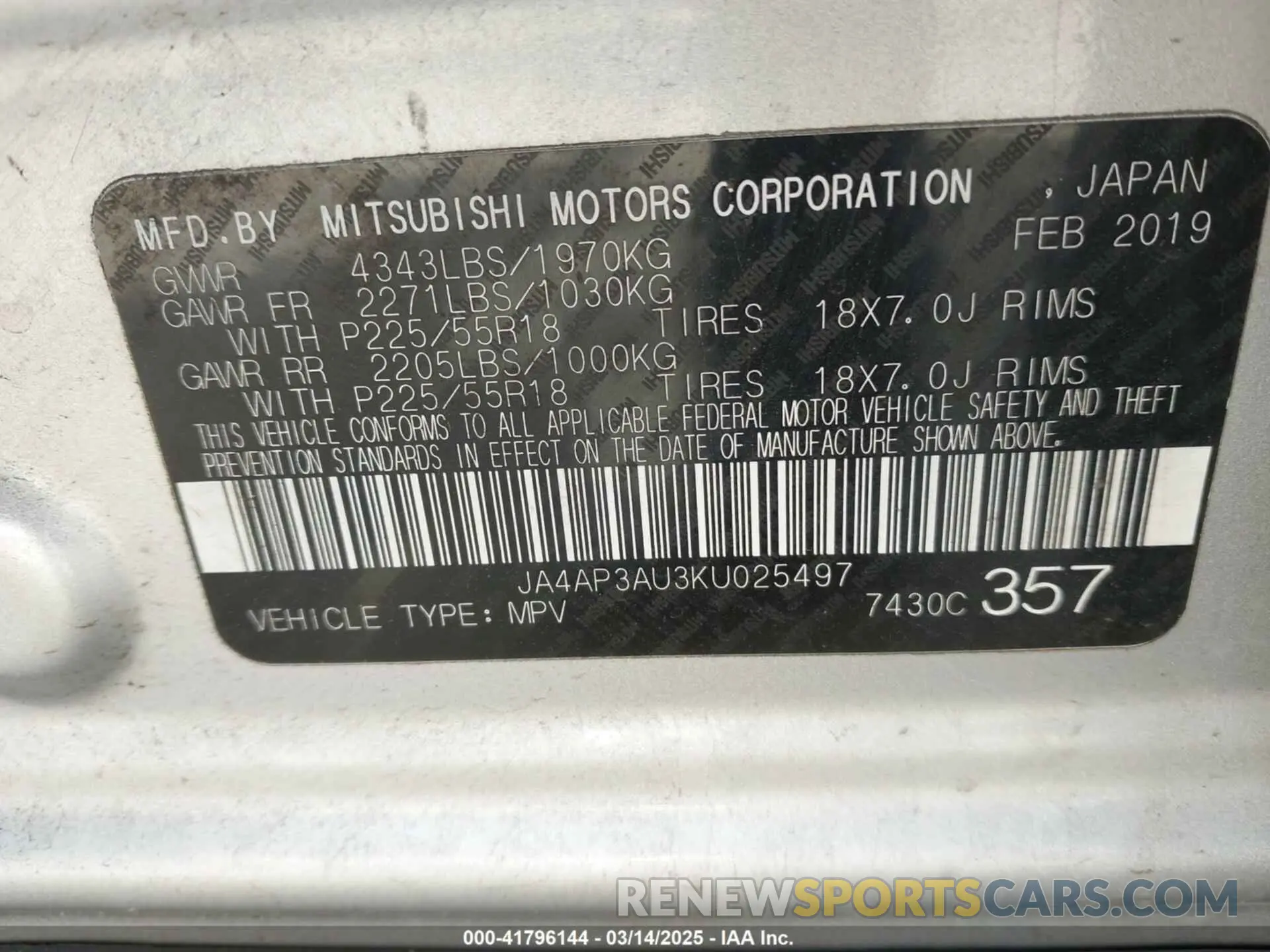 9 Photograph of a damaged car JA4AP3AU3KU025497 MITSUBISHI OUTLANDER SPORT 2019