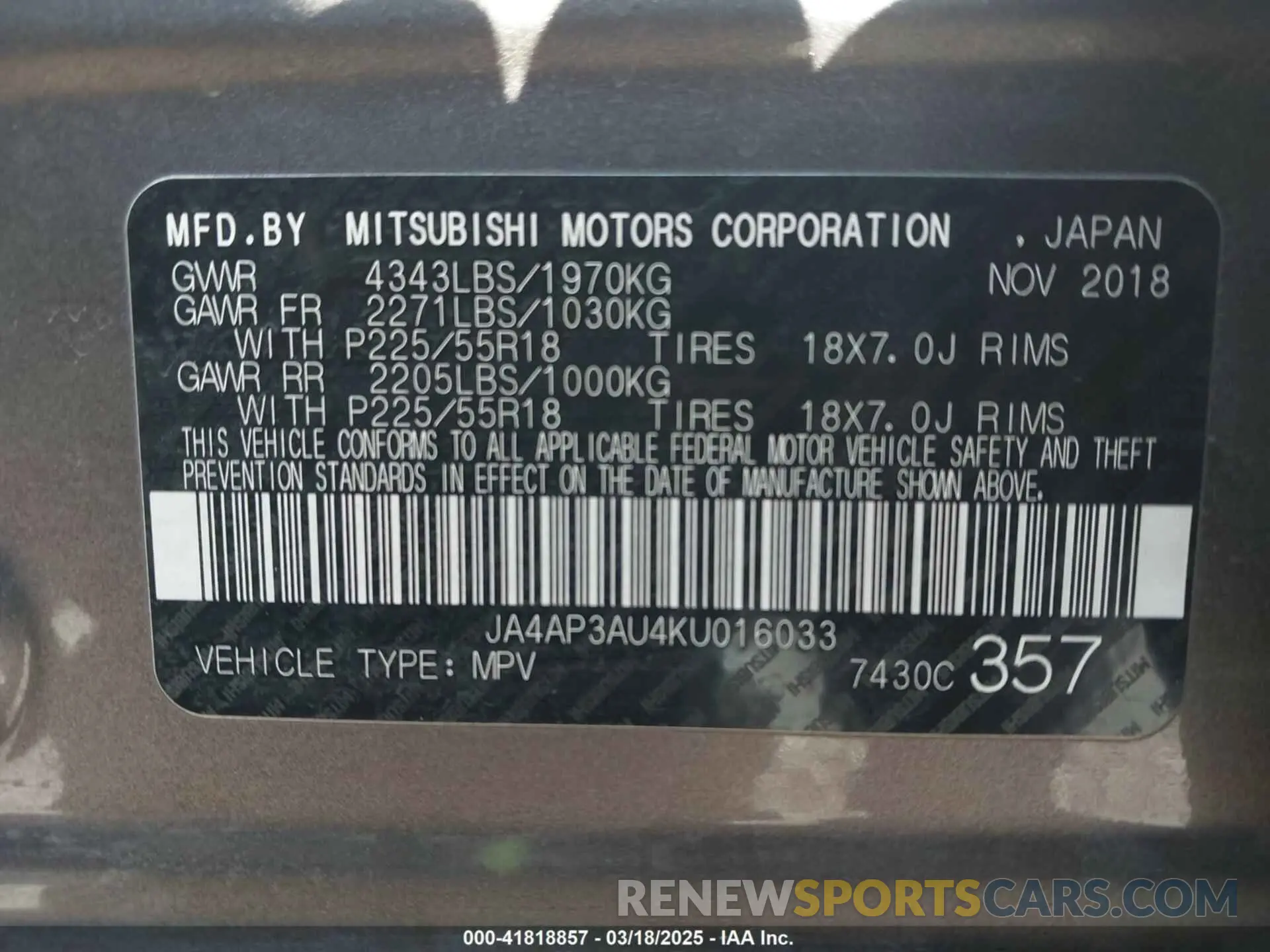9 Photograph of a damaged car JA4AP3AU4KU016033 MITSUBISHI OUTLANDER SPORT 2019