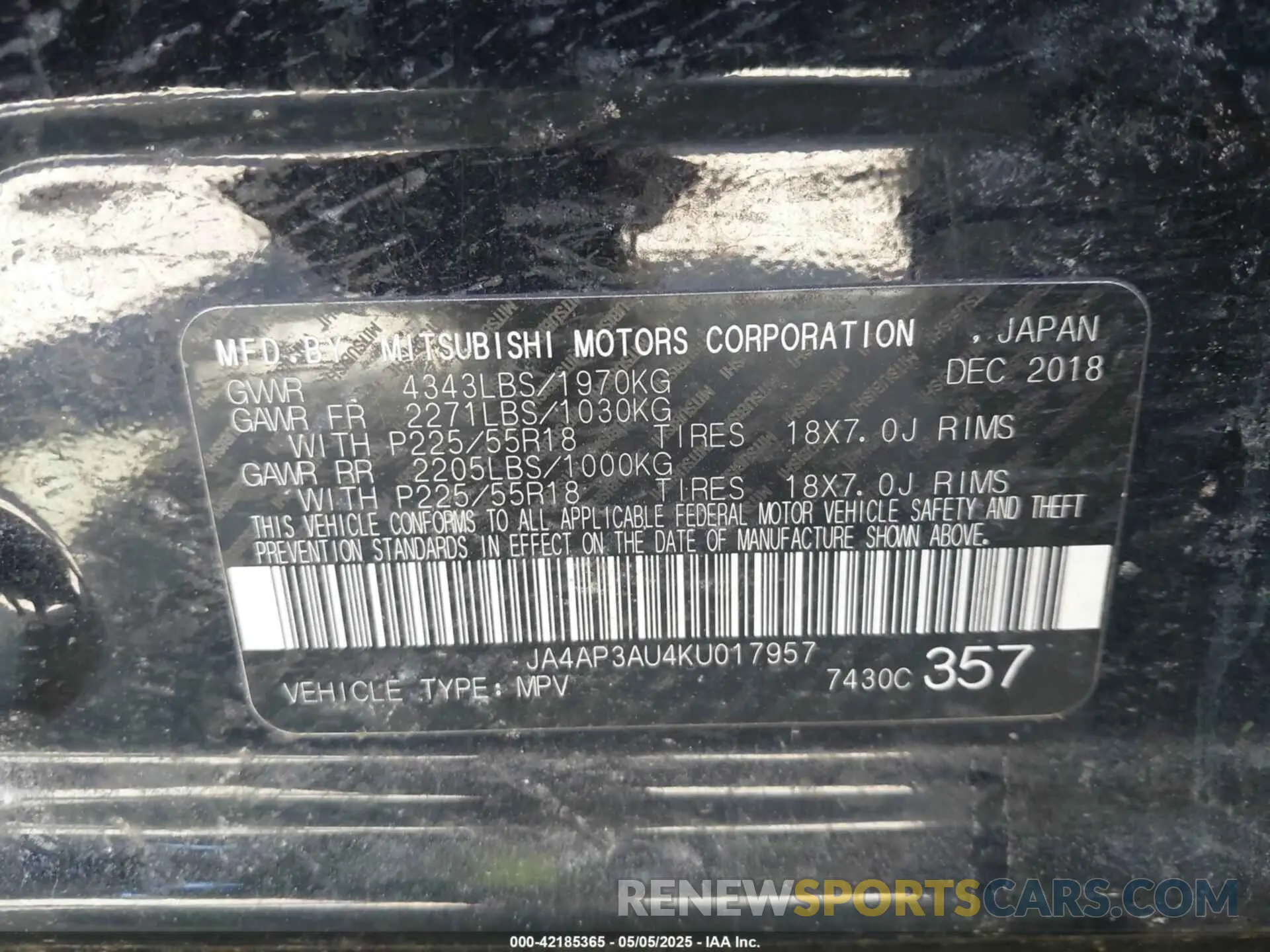 9 Photograph of a damaged car JA4AP3AU4KU017957 MITSUBISHI OUTLANDER SPORT 2019