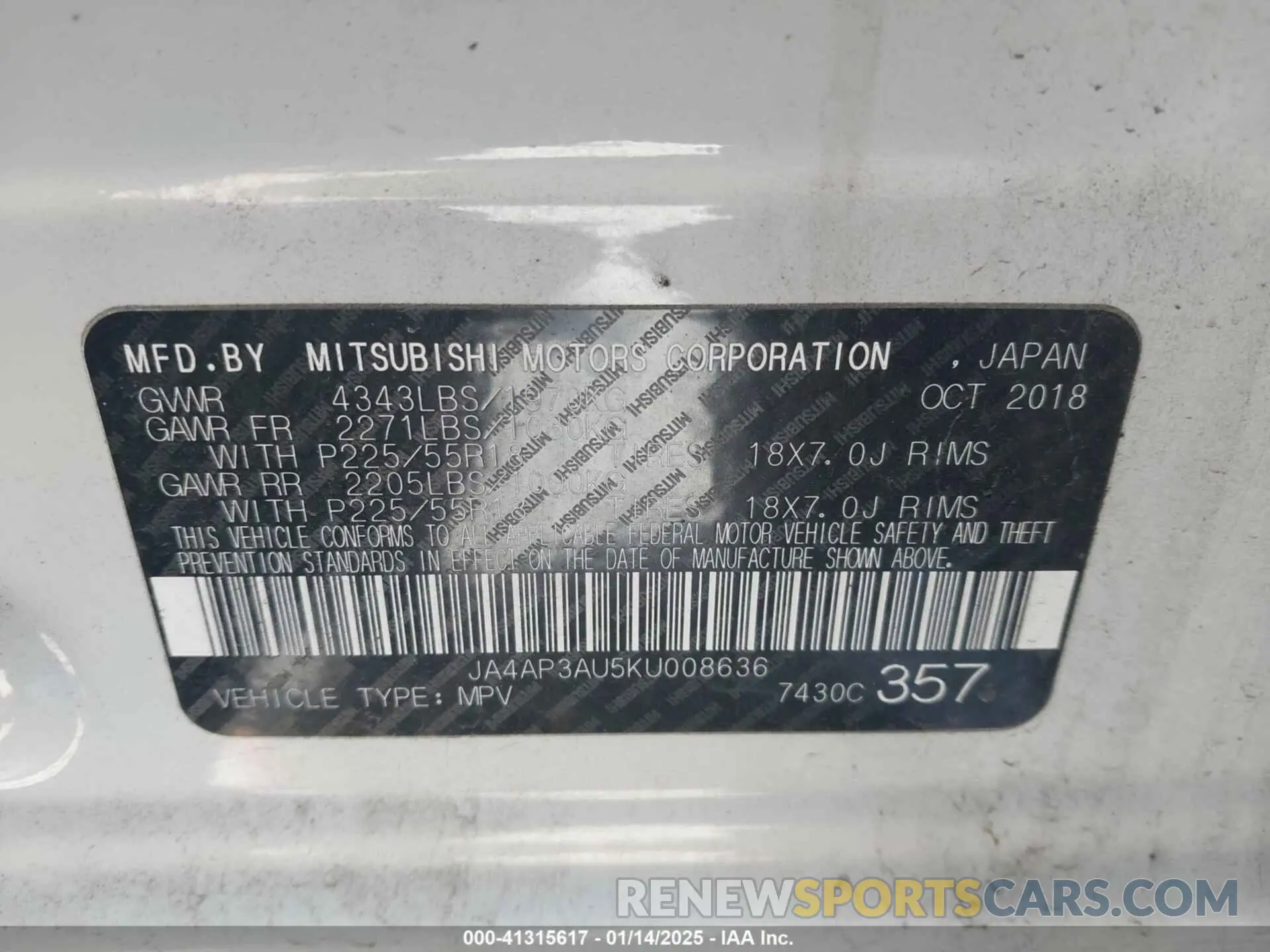 9 Photograph of a damaged car JA4AP3AU5KU008636 MITSUBISHI OUTLANDER SPORT 2019