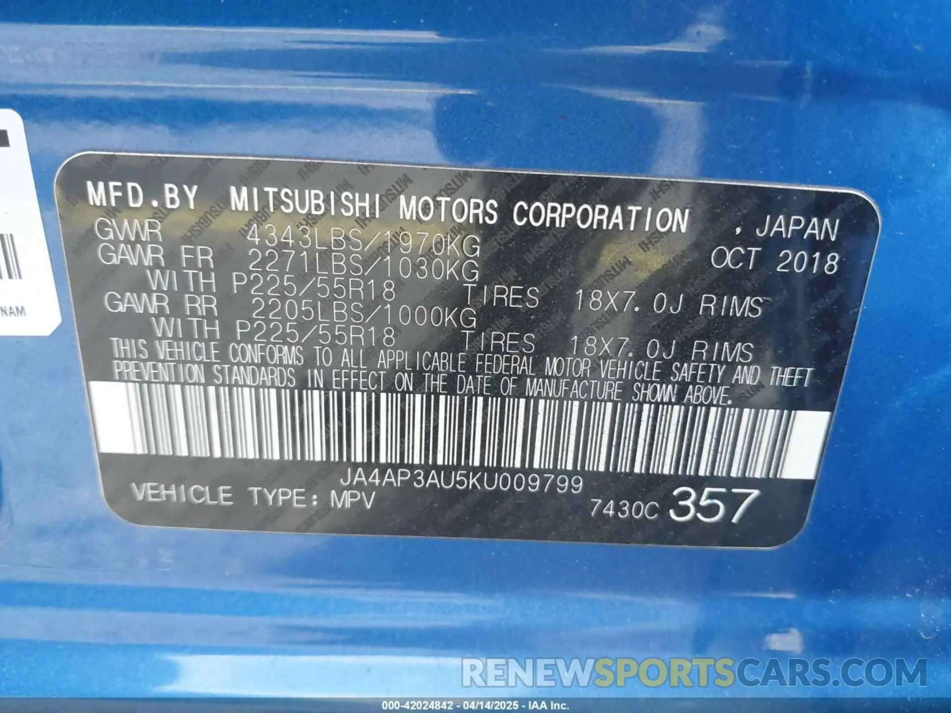 9 Photograph of a damaged car JA4AP3AU5KU009799 MITSUBISHI OUTLANDER SPORT 2019