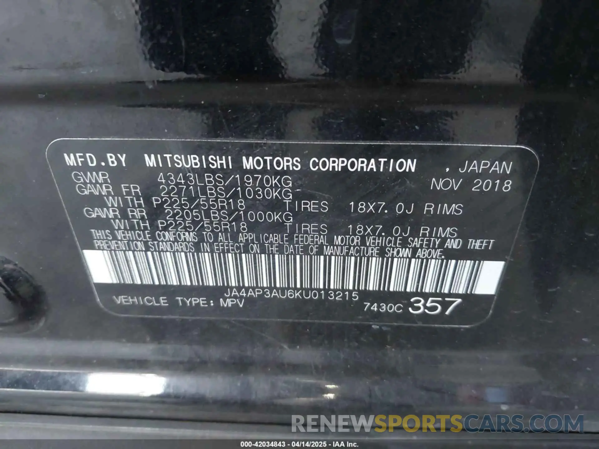8 Photograph of a damaged car JA4AP3AU6KU013215 MITSUBISHI OUTLANDER SPORT 2019