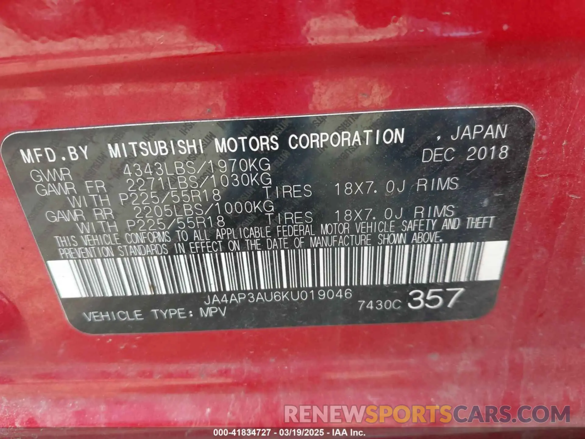 9 Photograph of a damaged car JA4AP3AU6KU019046 MITSUBISHI OUTLANDER SPORT 2019