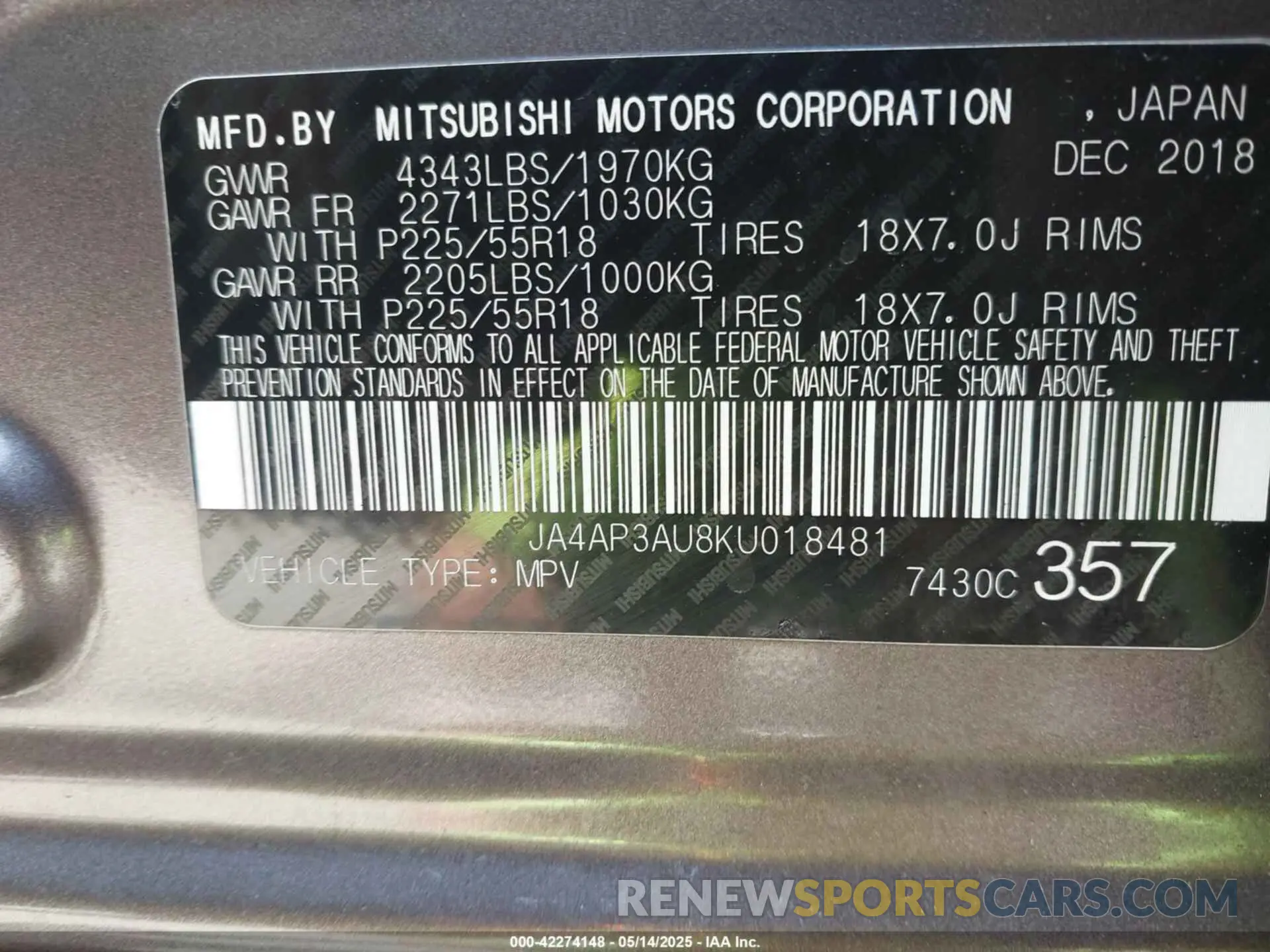 9 Photograph of a damaged car JA4AP3AU8KU018481 MITSUBISHI OUTLANDER SPORT 2019