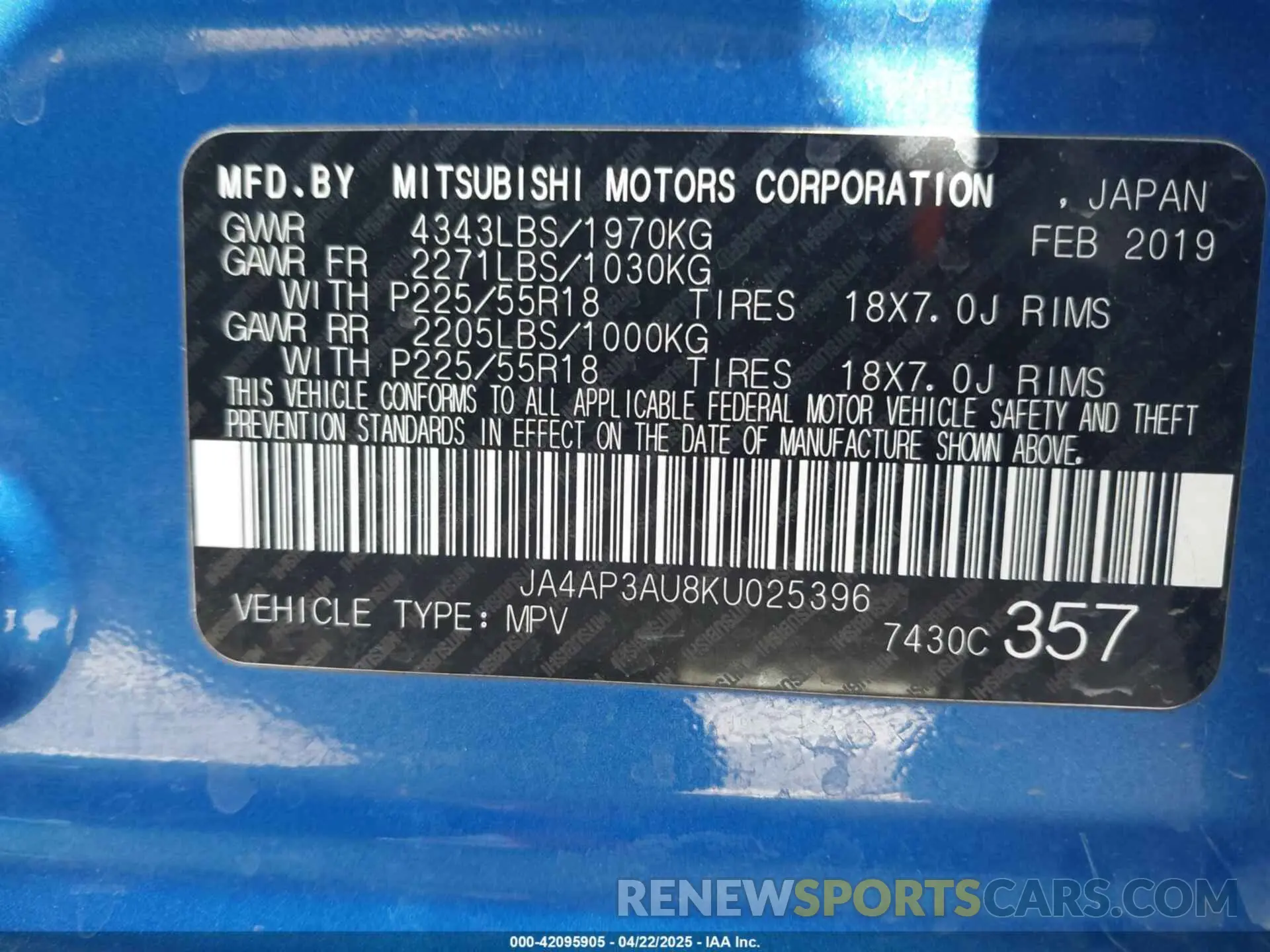 9 Photograph of a damaged car JA4AP3AU8KU025396 MITSUBISHI OUTLANDER SPORT 2019