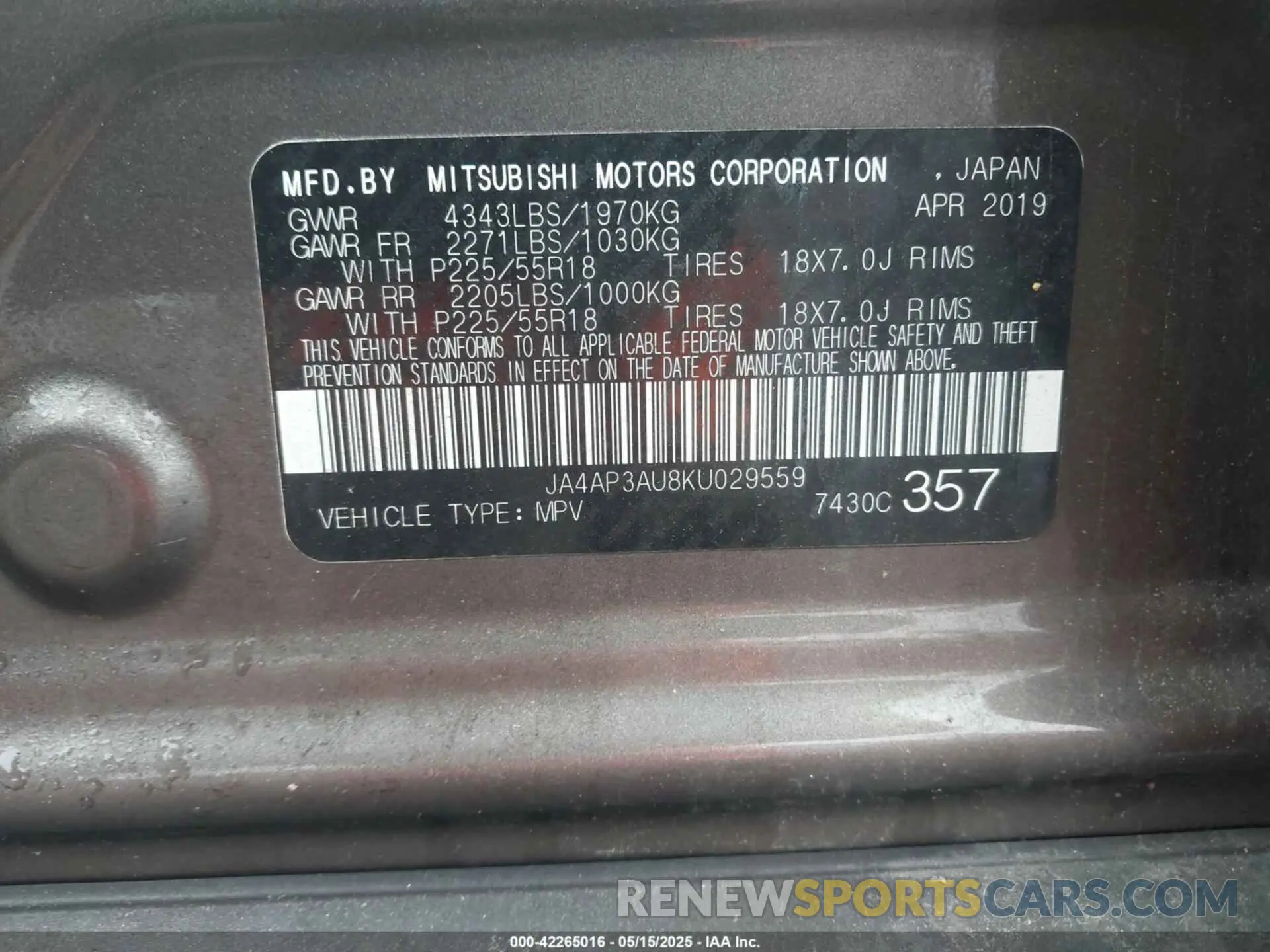 9 Photograph of a damaged car JA4AP3AU8KU029559 MITSUBISHI OUTLANDER SPORT 2019