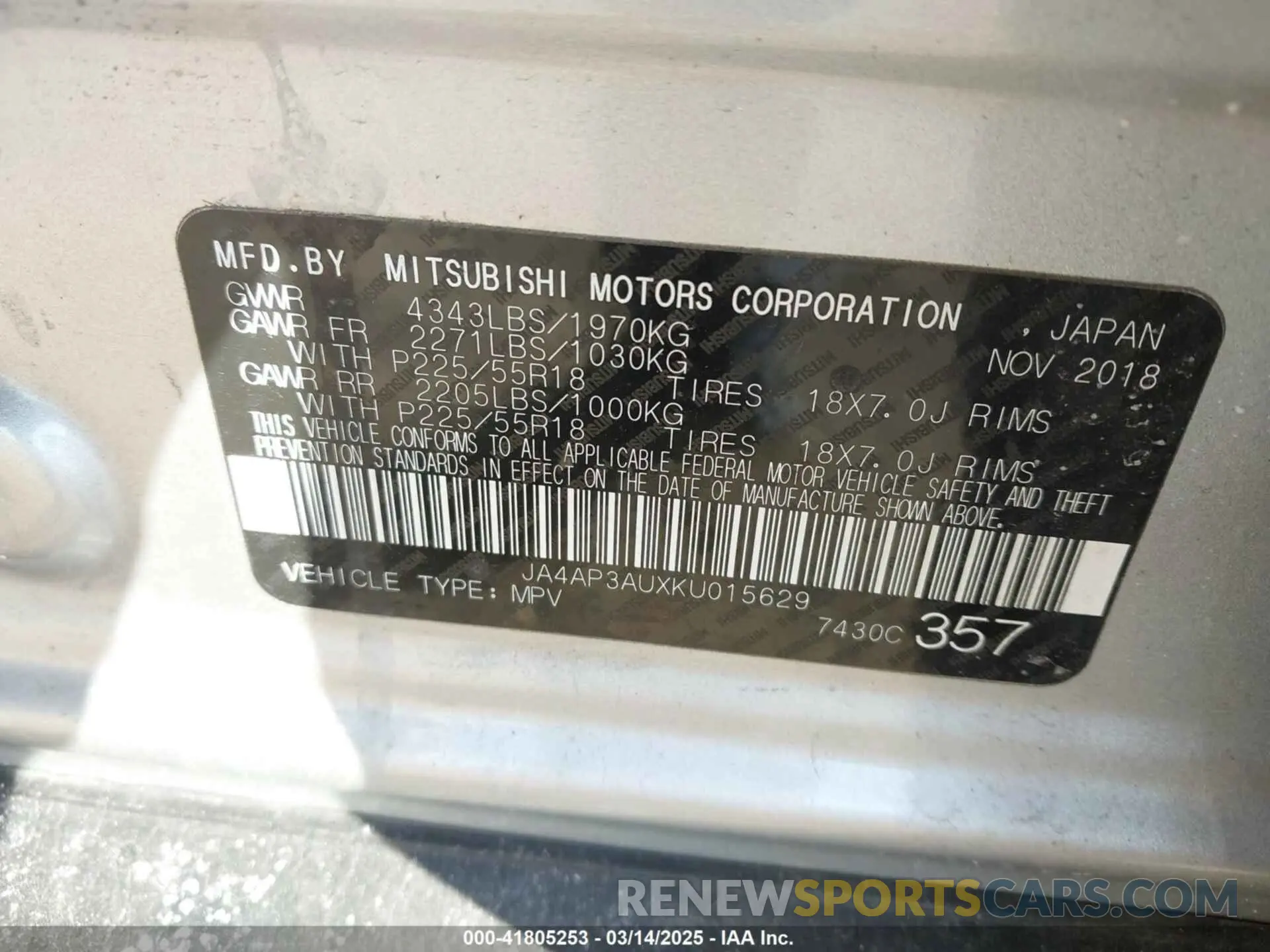 9 Photograph of a damaged car JA4AP3AUXKU015629 MITSUBISHI OUTLANDER SPORT 2019