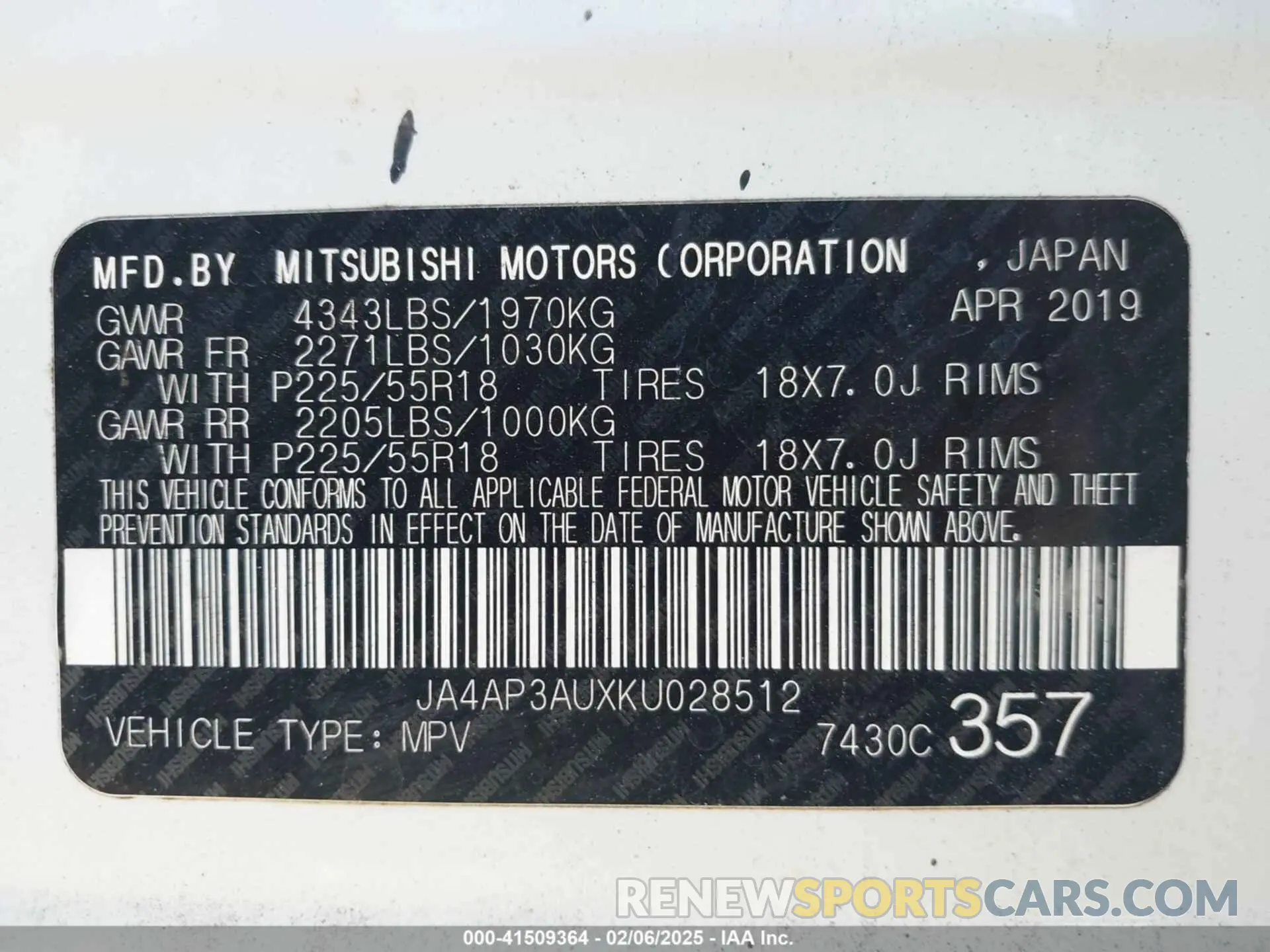 9 Photograph of a damaged car JA4AP3AUXKU028512 MITSUBISHI OUTLANDER SPORT 2019