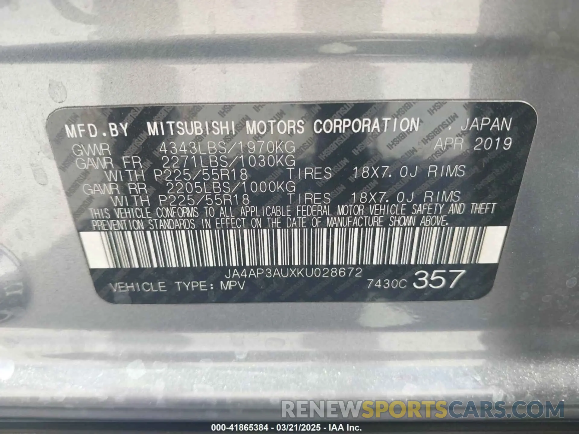 9 Photograph of a damaged car JA4AP3AUXKU028672 MITSUBISHI OUTLANDER SPORT 2019