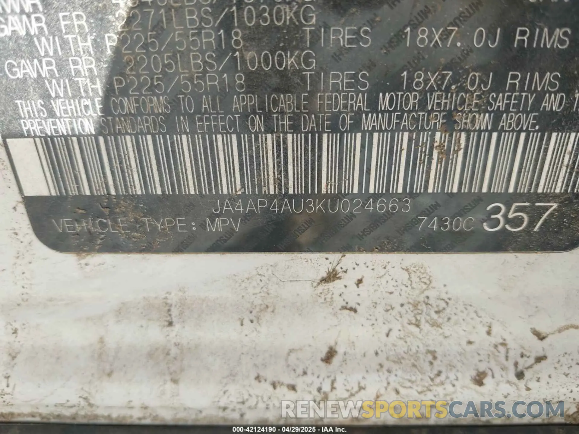 9 Photograph of a damaged car JA4AP4AJ3KU024663 MITSUBISHI OUTLANDER SPORT 2019