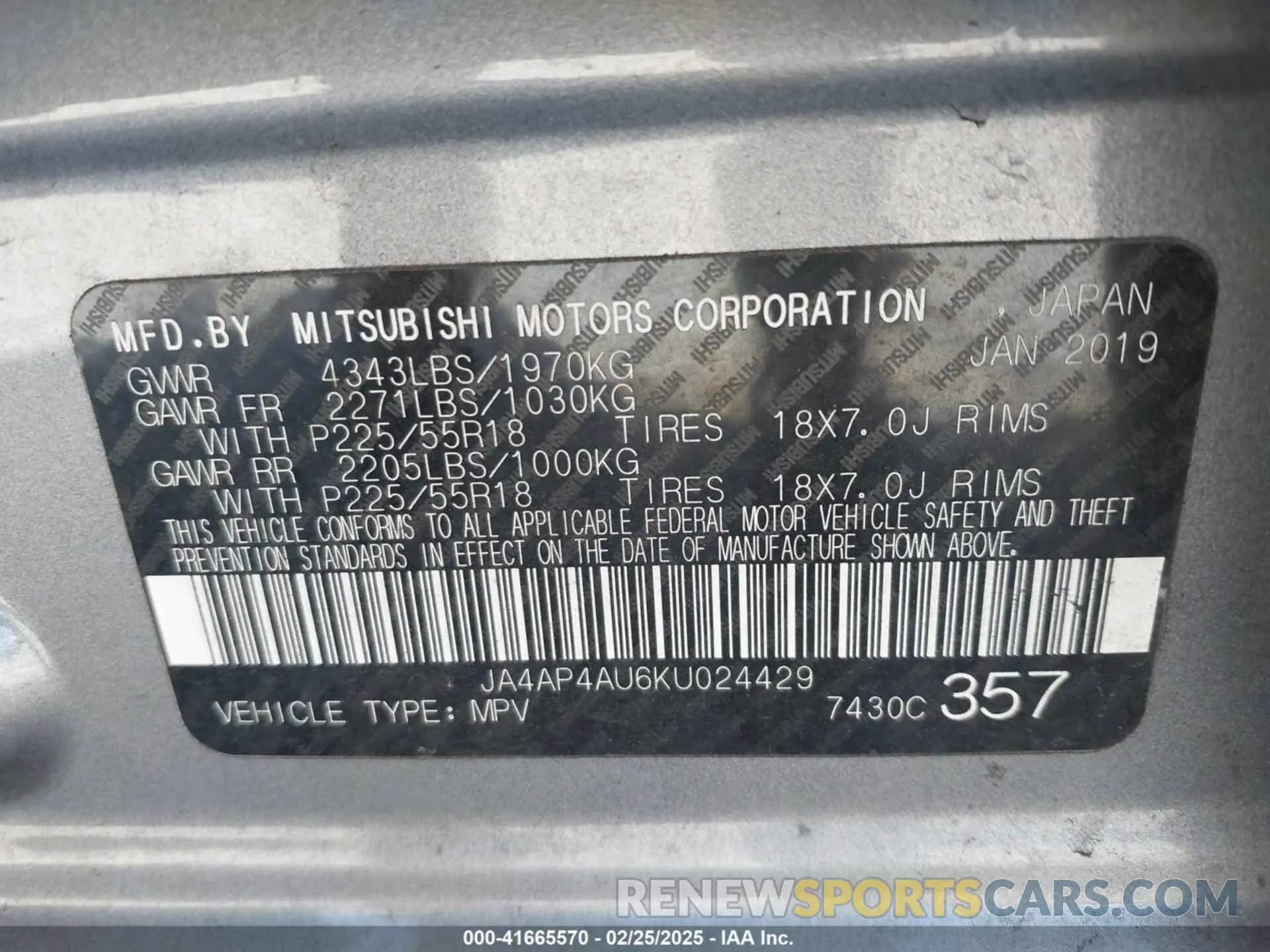 9 Photograph of a damaged car JA4AP4AU6KU024429 MITSUBISHI OUTLANDER SPORT 2019