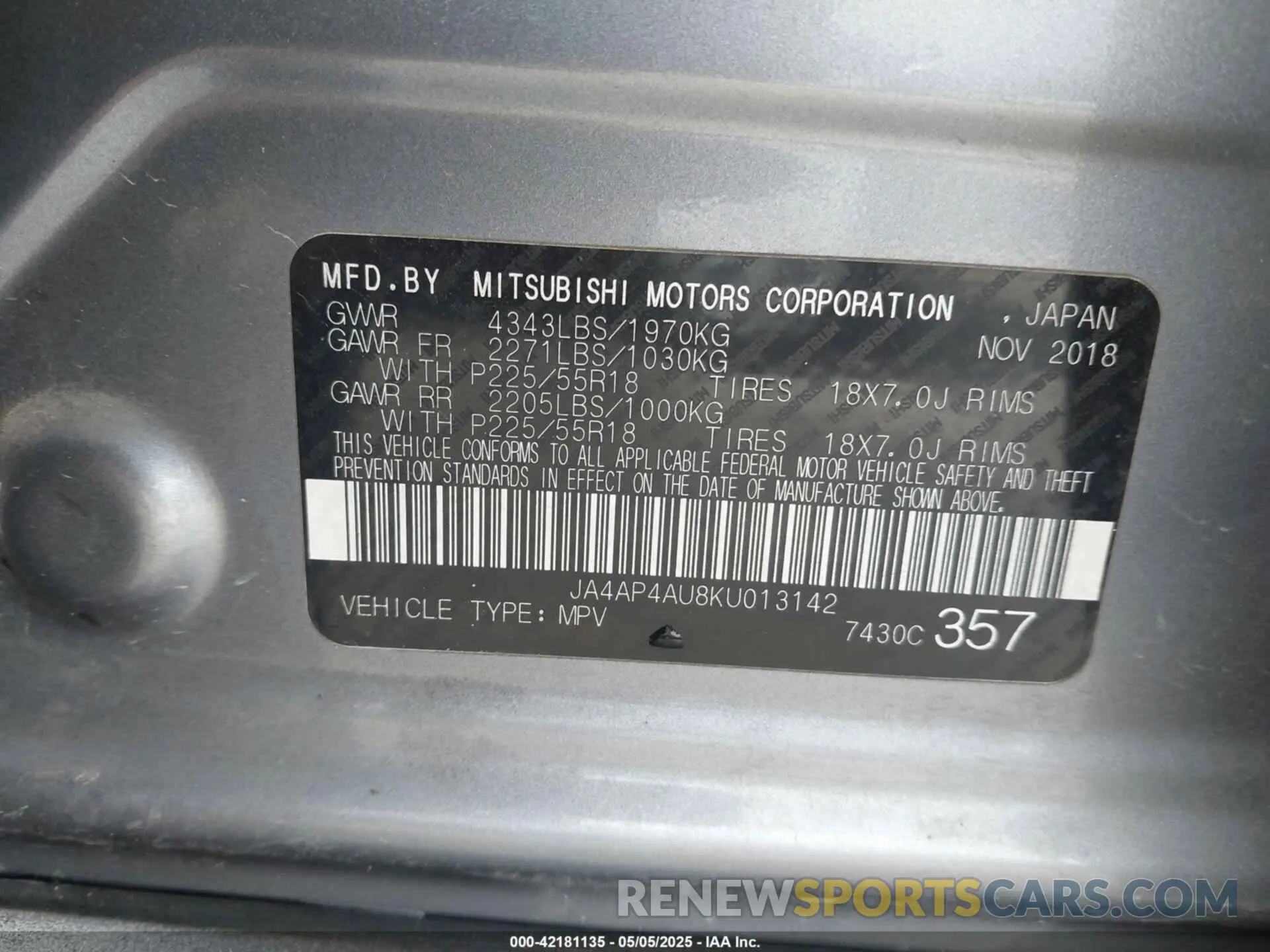 9 Photograph of a damaged car JA4AP4AU8KU013142 MITSUBISHI OUTLANDER SPORT 2019
