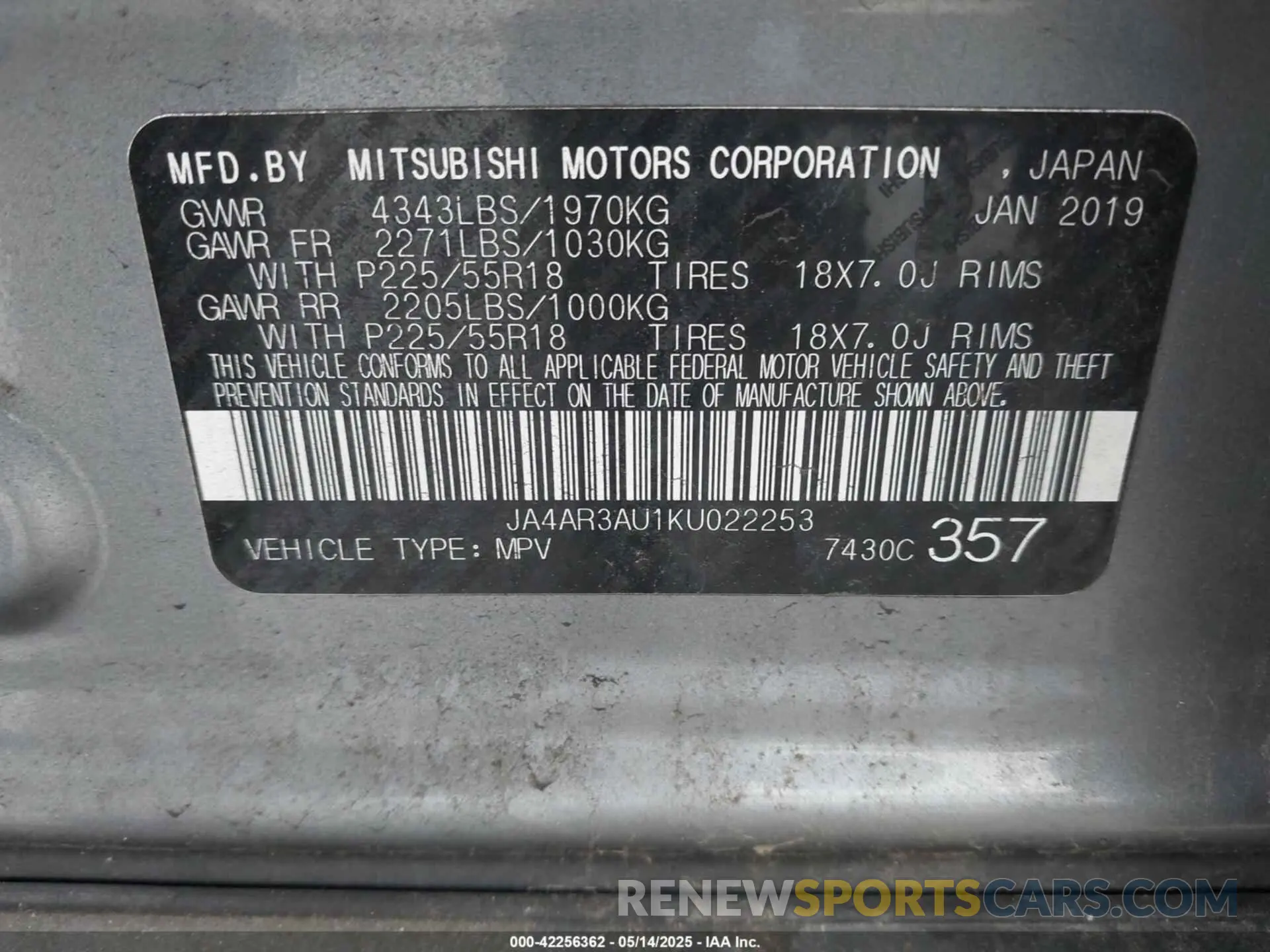 9 Photograph of a damaged car JA4AR3AU1KU022253 MITSUBISHI OUTLANDER SPORT 2019