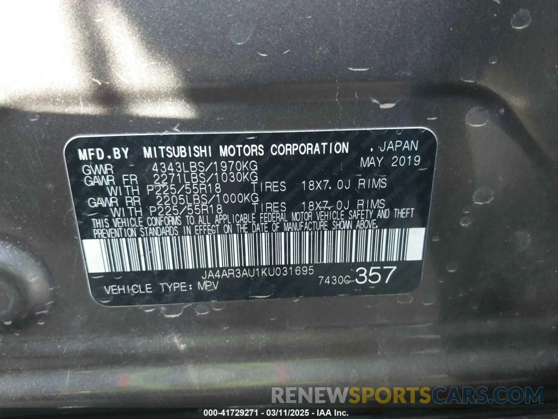 9 Photograph of a damaged car JA4AR3AU1KU031695 MITSUBISHI OUTLANDER SPORT 2019