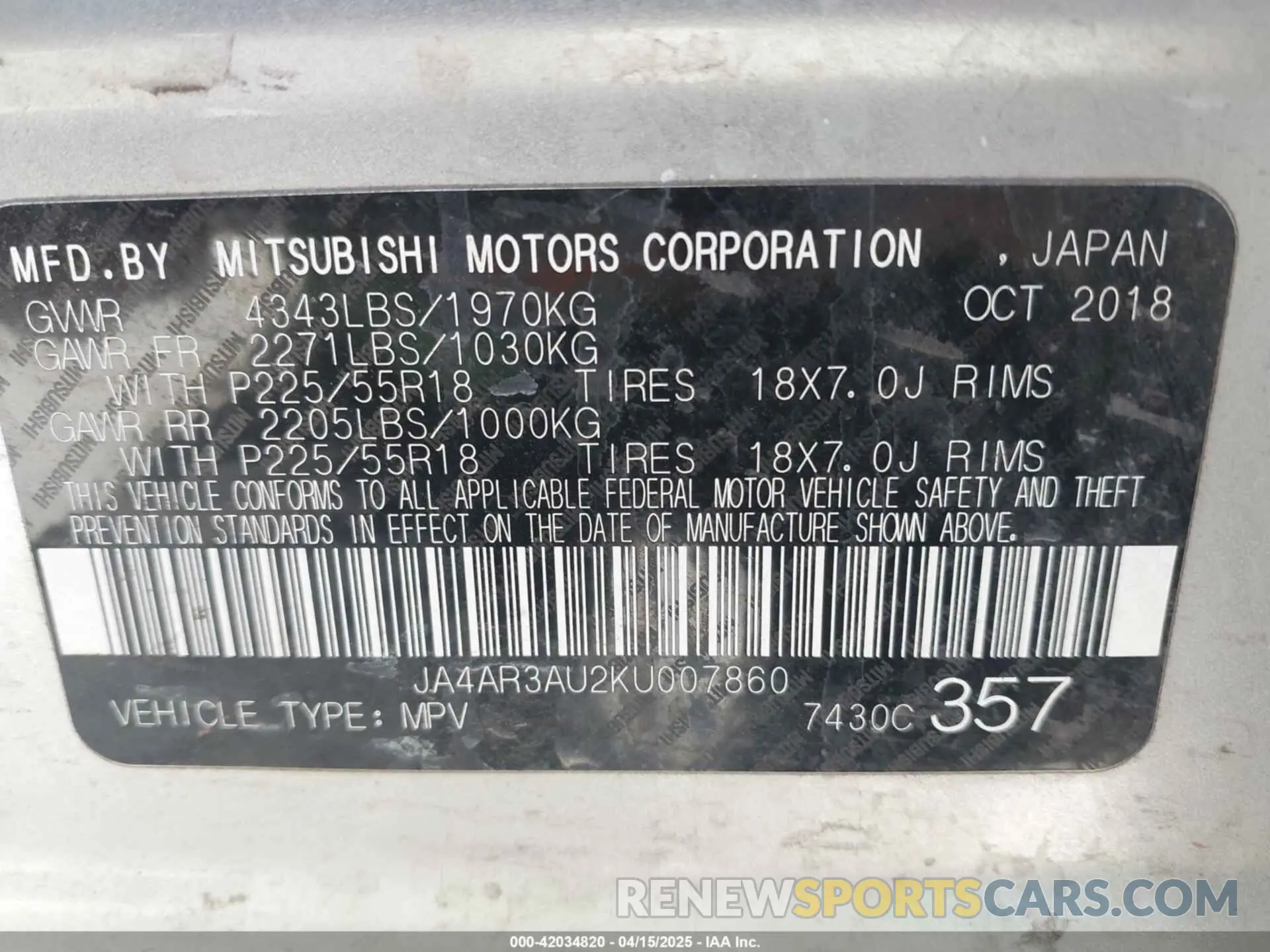 9 Photograph of a damaged car JA4AR3AU2KU007860 MITSUBISHI OUTLANDER SPORT 2019