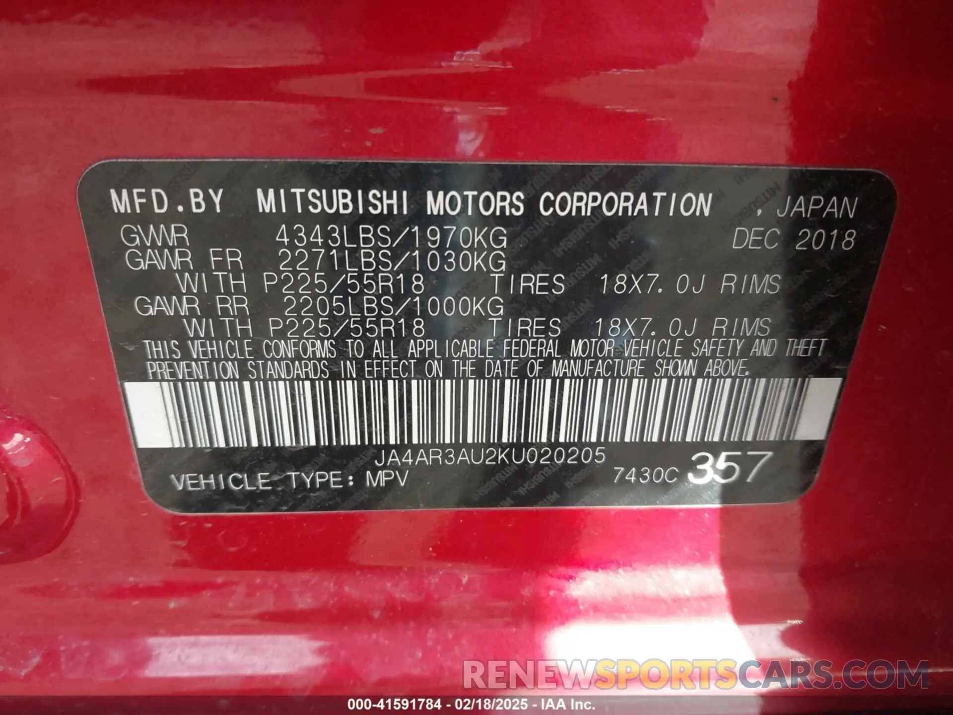 9 Photograph of a damaged car JA4AR3AU2KU020205 MITSUBISHI OUTLANDER SPORT 2019