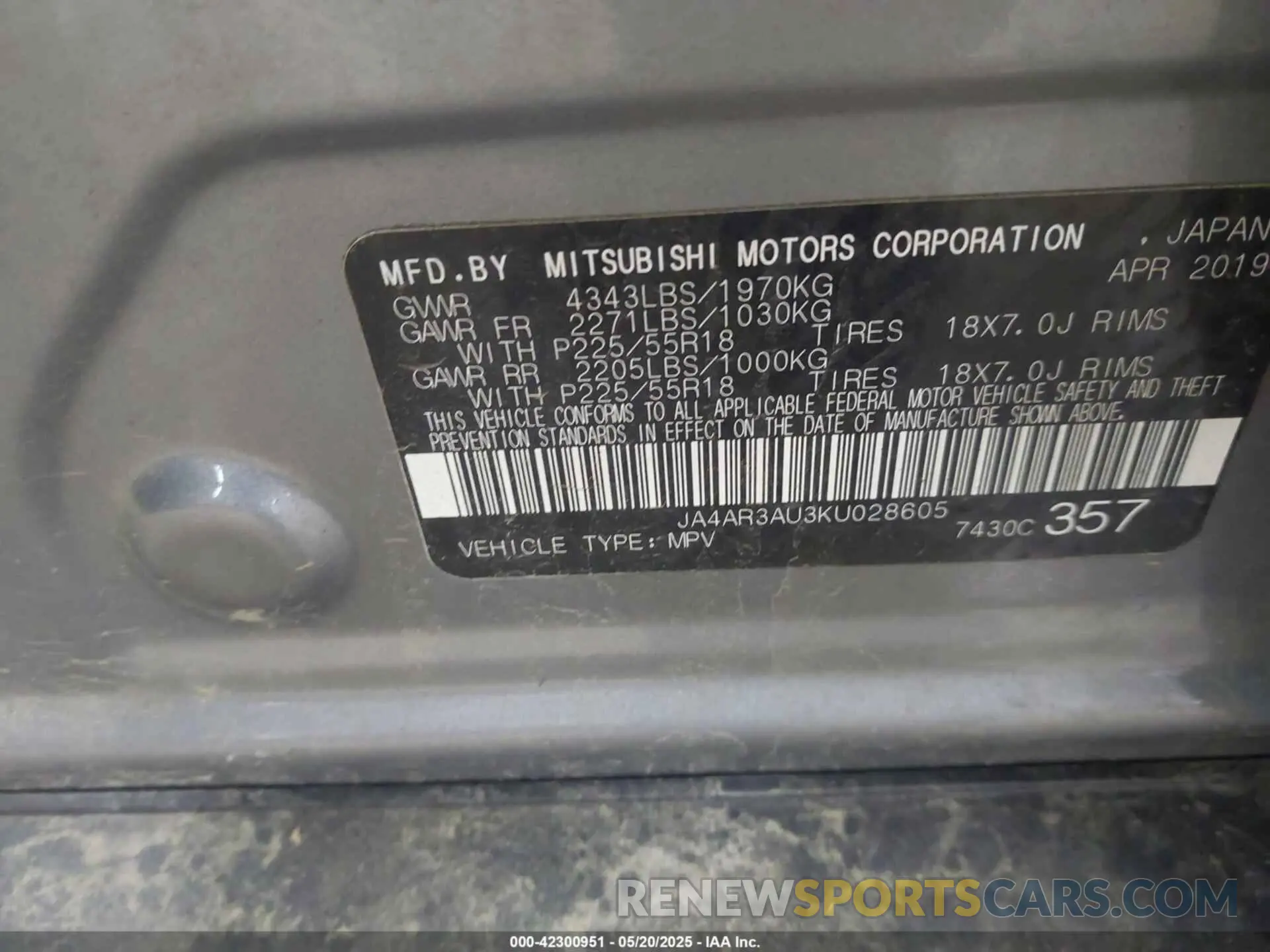 9 Photograph of a damaged car JA4AR3AU3KU028605 MITSUBISHI OUTLANDER SPORT 2019