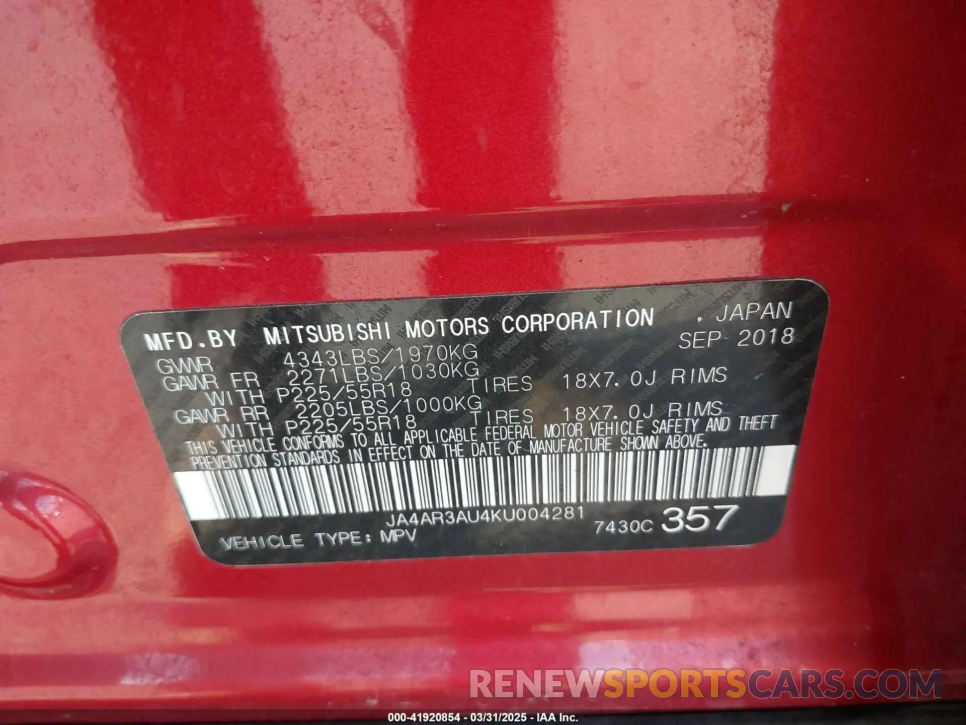 9 Photograph of a damaged car JA4AR3AU4KU004281 MITSUBISHI OUTLANDER SPORT 2019