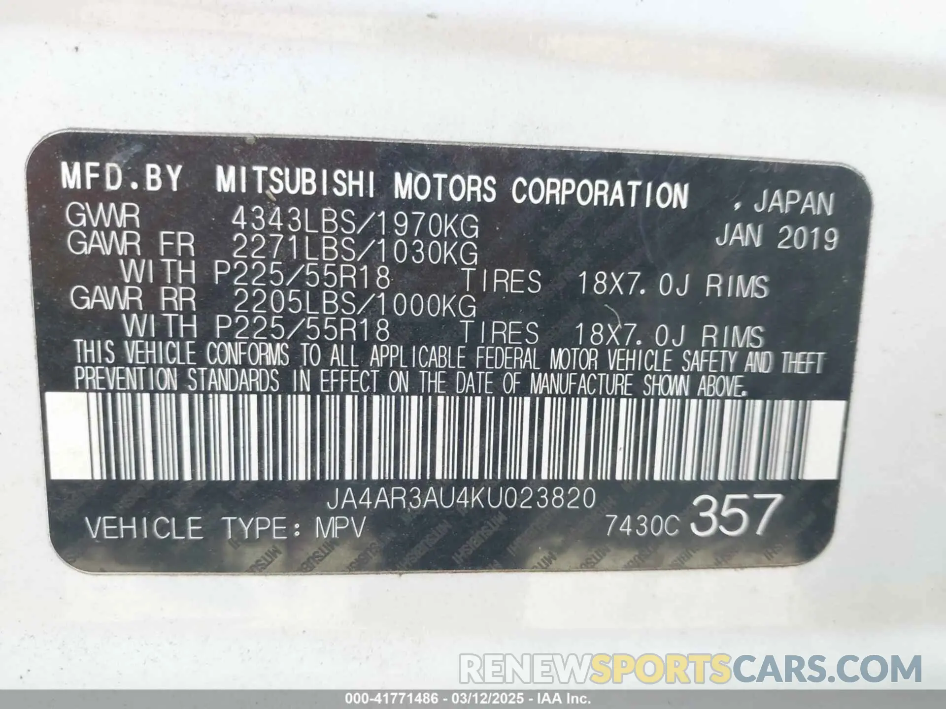 9 Photograph of a damaged car JA4AR3AU4KU023820 MITSUBISHI OUTLANDER SPORT 2019