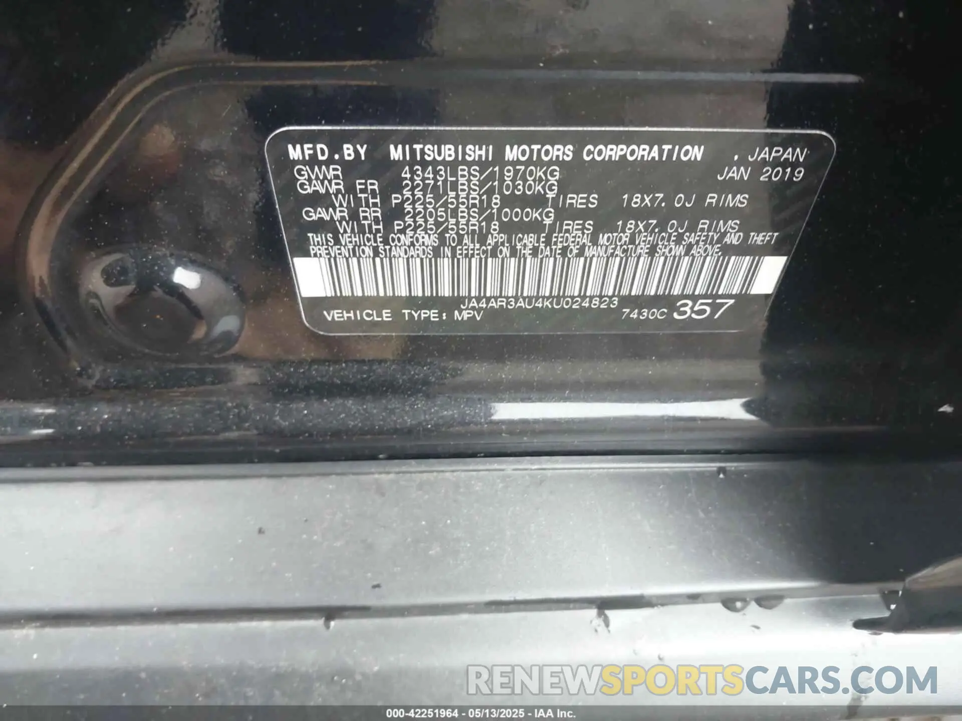 9 Photograph of a damaged car JA4AR3AU4KU024823 MITSUBISHI OUTLANDER SPORT 2019