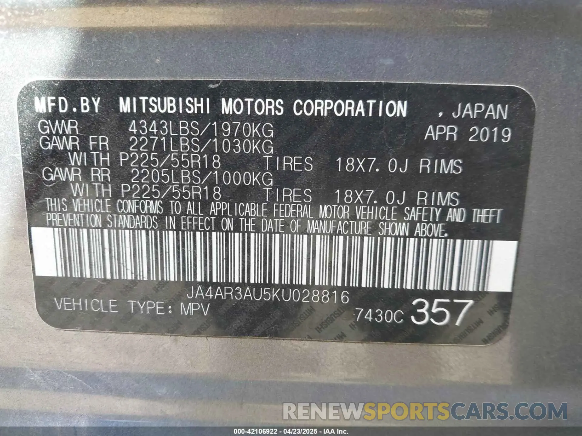 9 Photograph of a damaged car JA4AR3AU5KU028816 MITSUBISHI OUTLANDER SPORT 2019