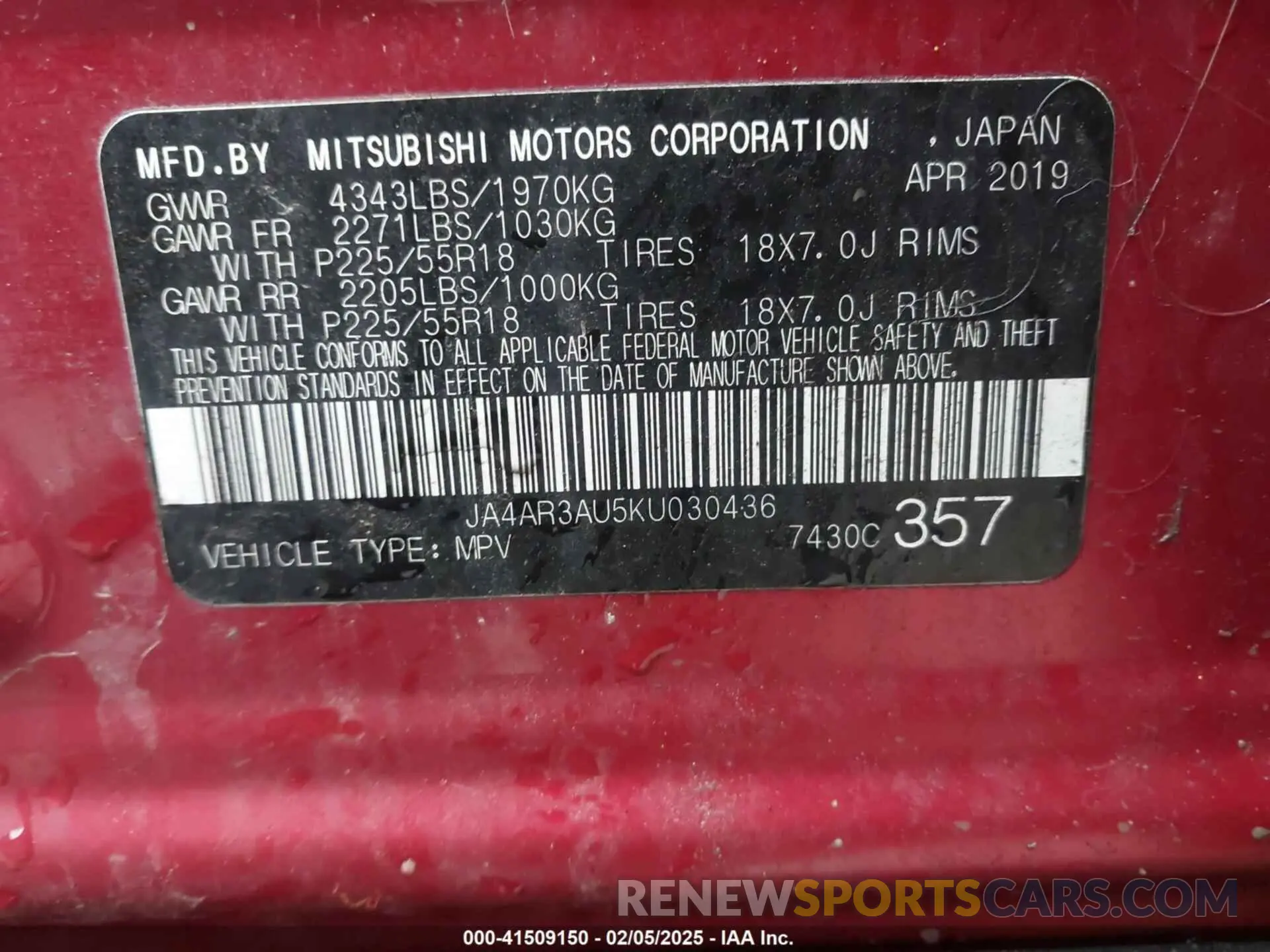 9 Photograph of a damaged car JA4AR3AU5KU030436 MITSUBISHI OUTLANDER SPORT 2019