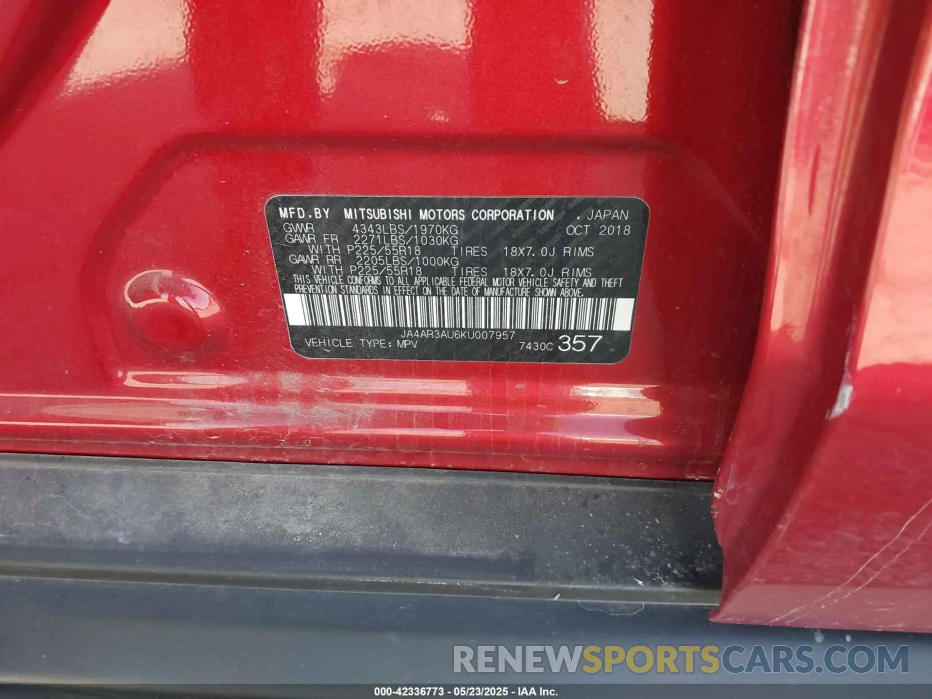 9 Photograph of a damaged car JA4AR3AU6KU007957 MITSUBISHI OUTLANDER SPORT 2019