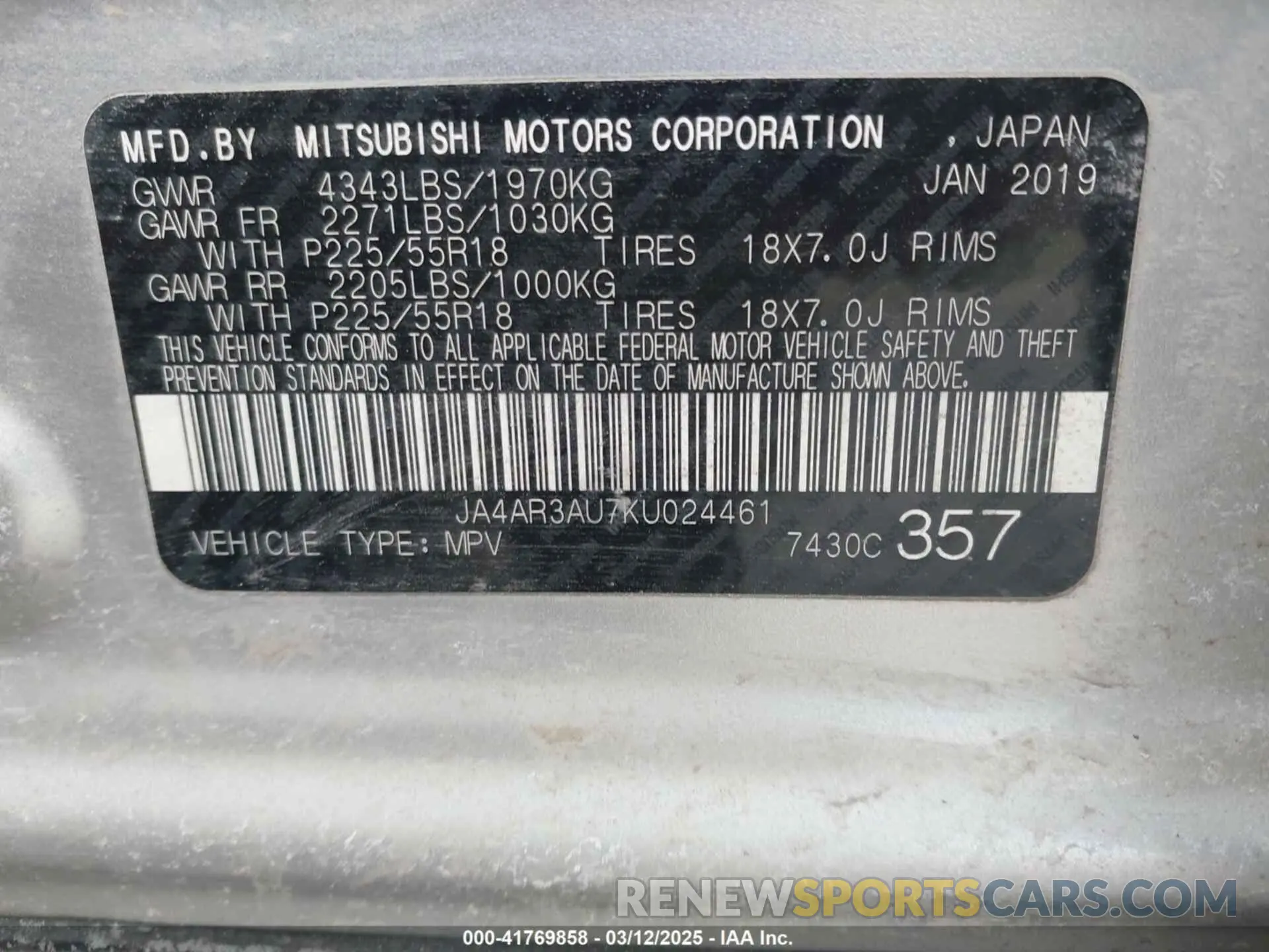 9 Photograph of a damaged car JA4AR3AU7KU024461 MITSUBISHI OUTLANDER SPORT 2019