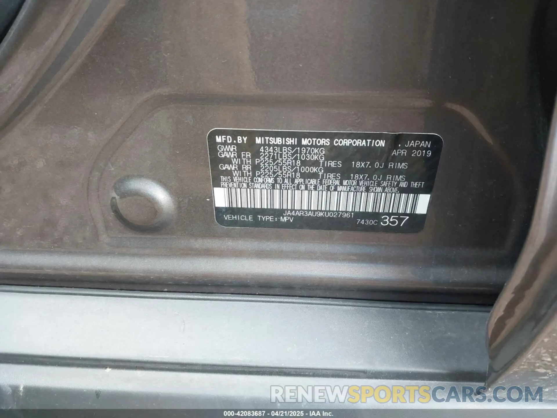 9 Photograph of a damaged car JA4AR3AU9KU027961 MITSUBISHI OUTLANDER SPORT 2019