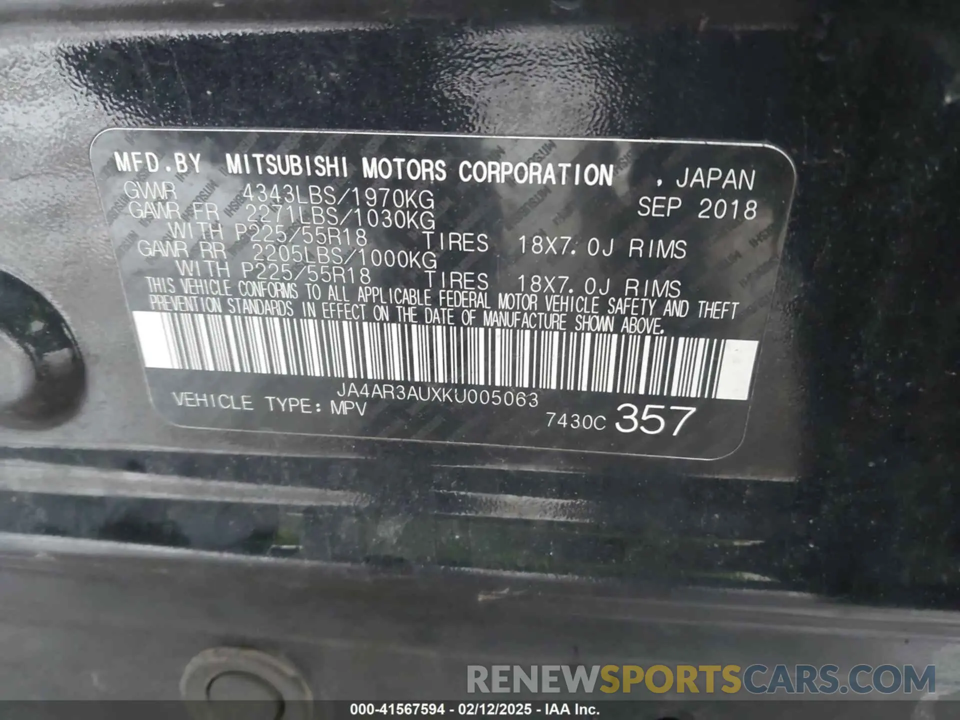 9 Photograph of a damaged car JA4AR3AUXKU005063 MITSUBISHI OUTLANDER SPORT 2019