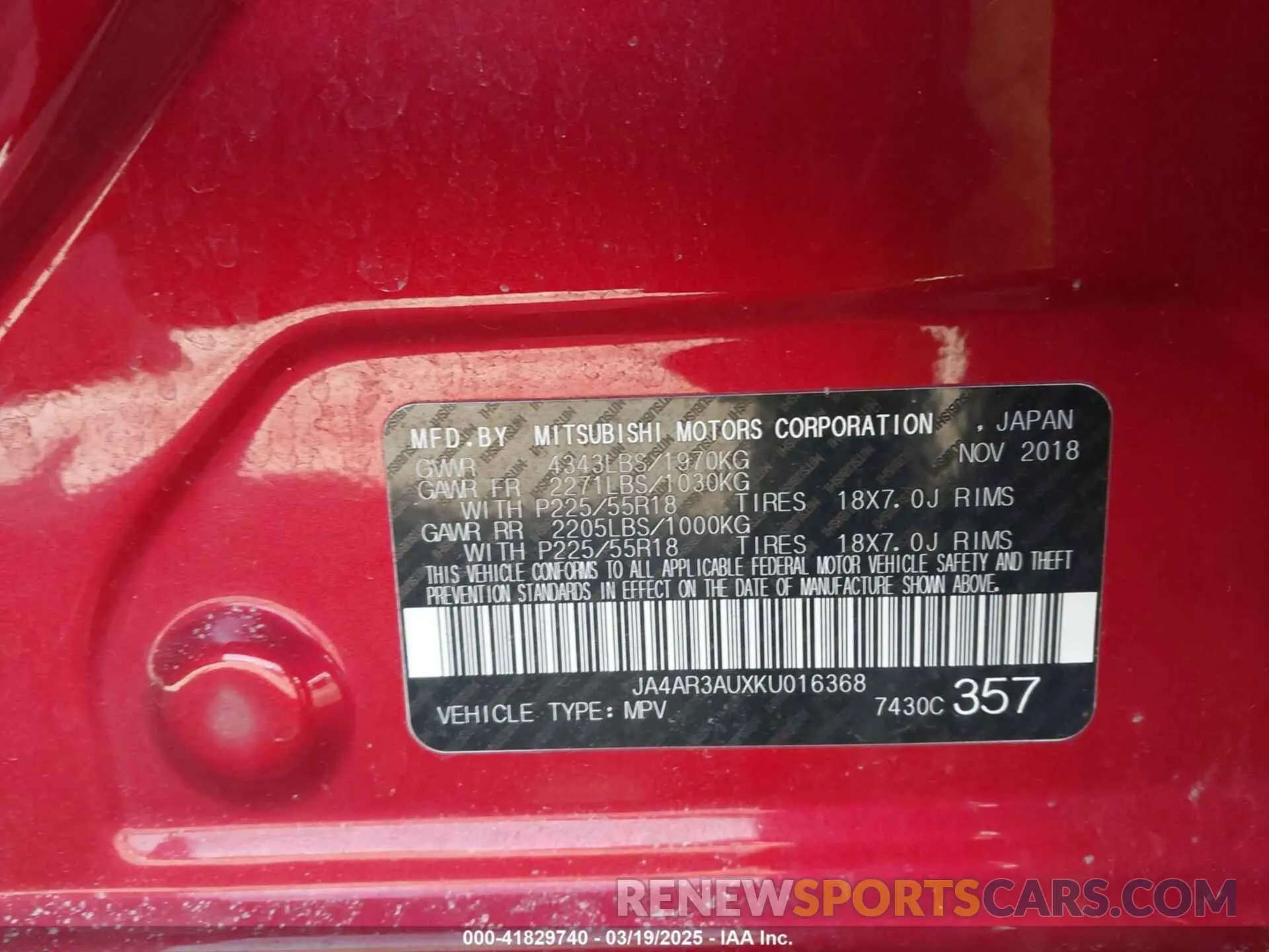9 Photograph of a damaged car JA4AR3AUXKU016368 MITSUBISHI OUTLANDER SPORT 2019