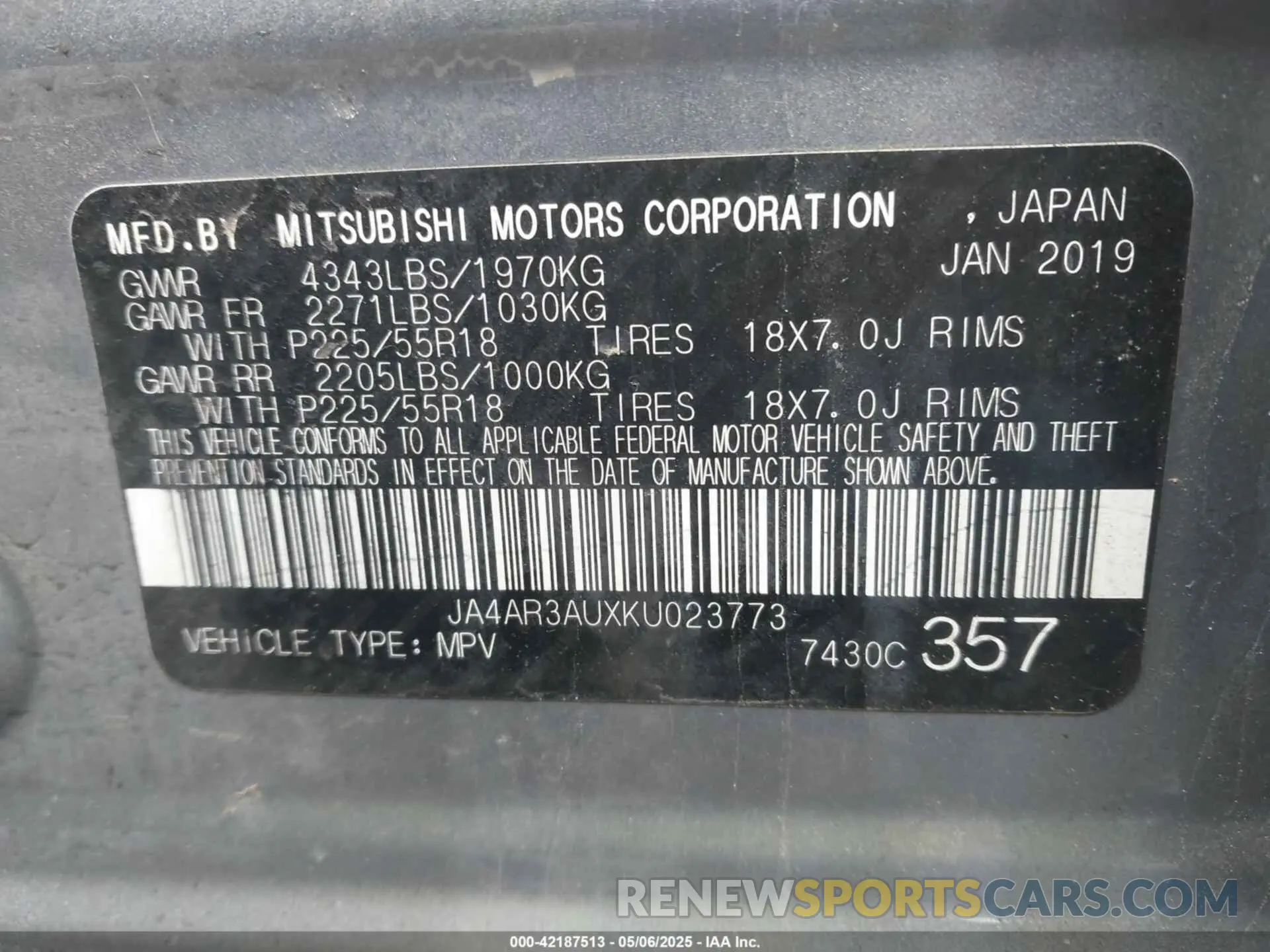 9 Photograph of a damaged car JA4AR3AUXKU023773 MITSUBISHI OUTLANDER SPORT 2019