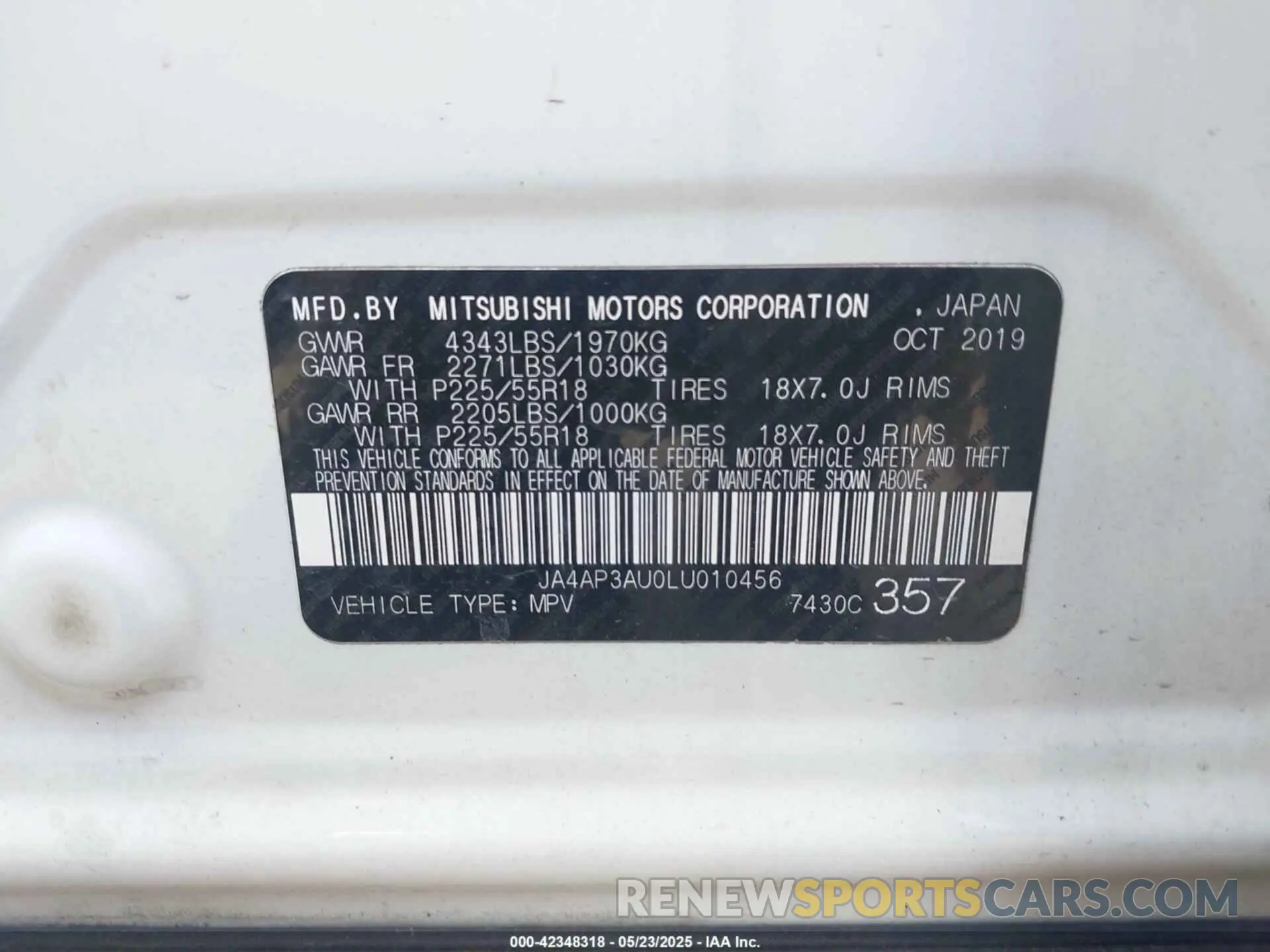9 Photograph of a damaged car JA4AP3AU0LU010456 MITSUBISHI OUTLANDER SPORT 2020