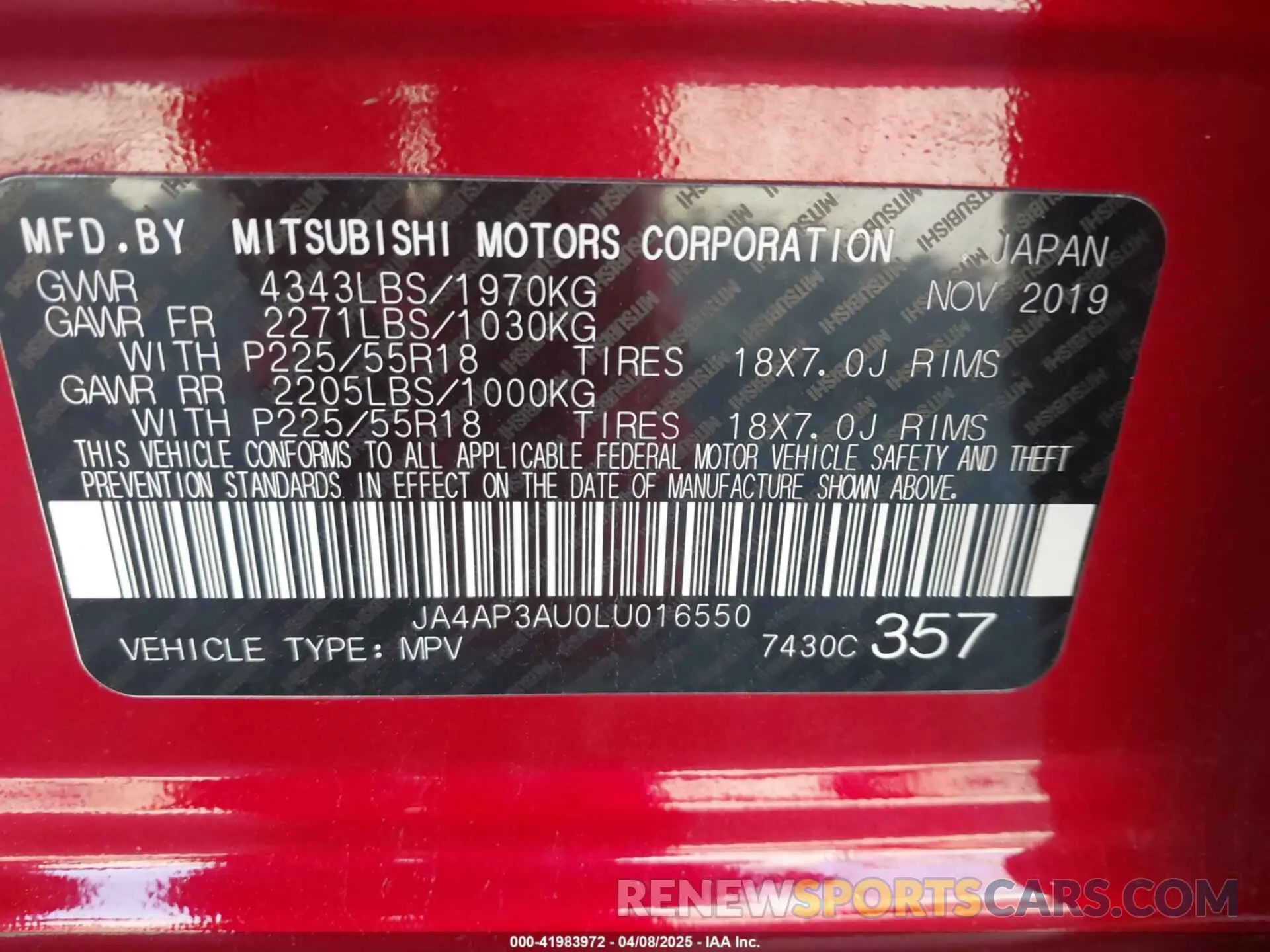 9 Photograph of a damaged car JA4AP3AU0LU016550 MITSUBISHI OUTLANDER SPORT 2020
