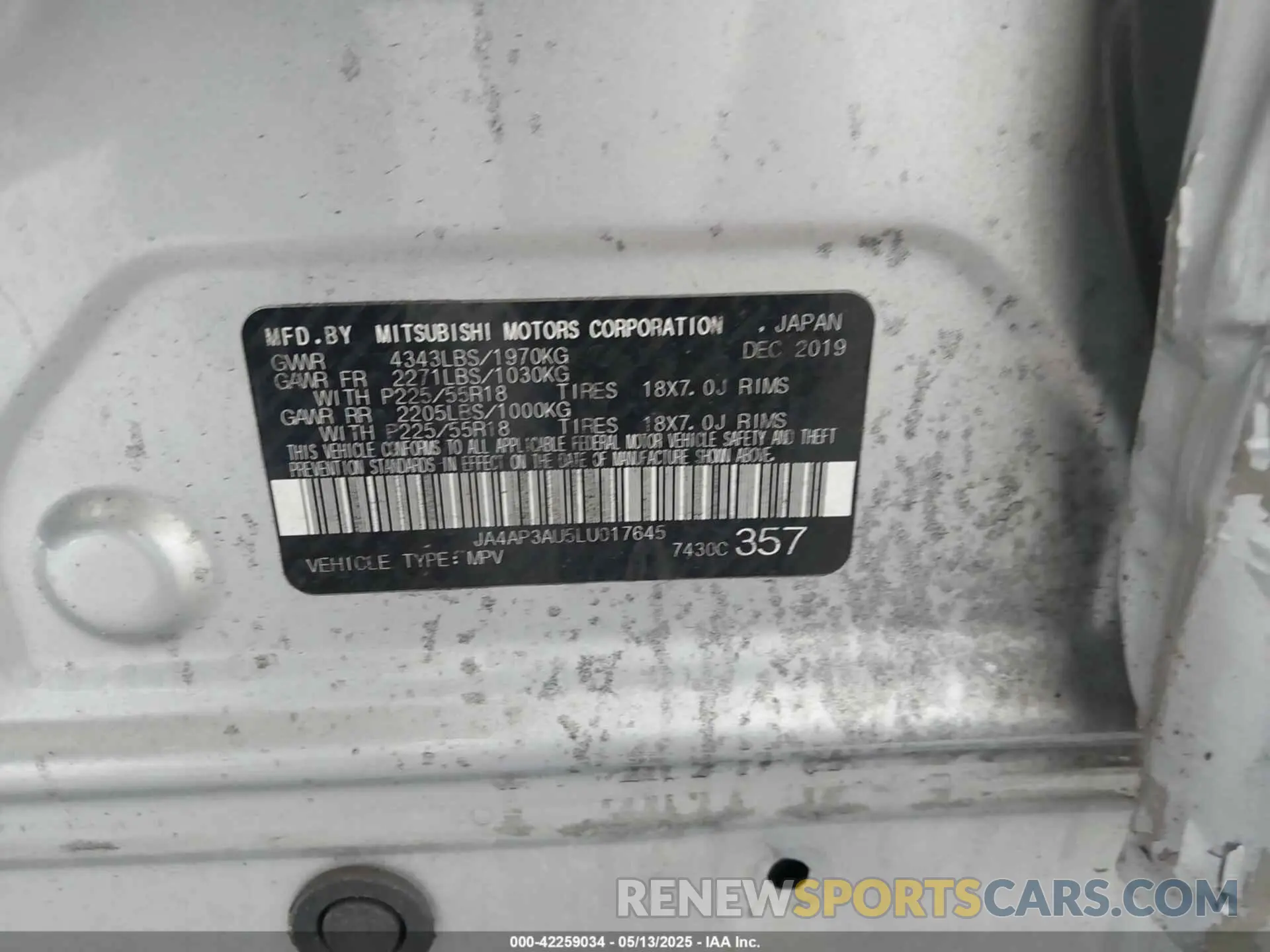 9 Photograph of a damaged car JA4AP3AU5LU017645 MITSUBISHI OUTLANDER SPORT 2020