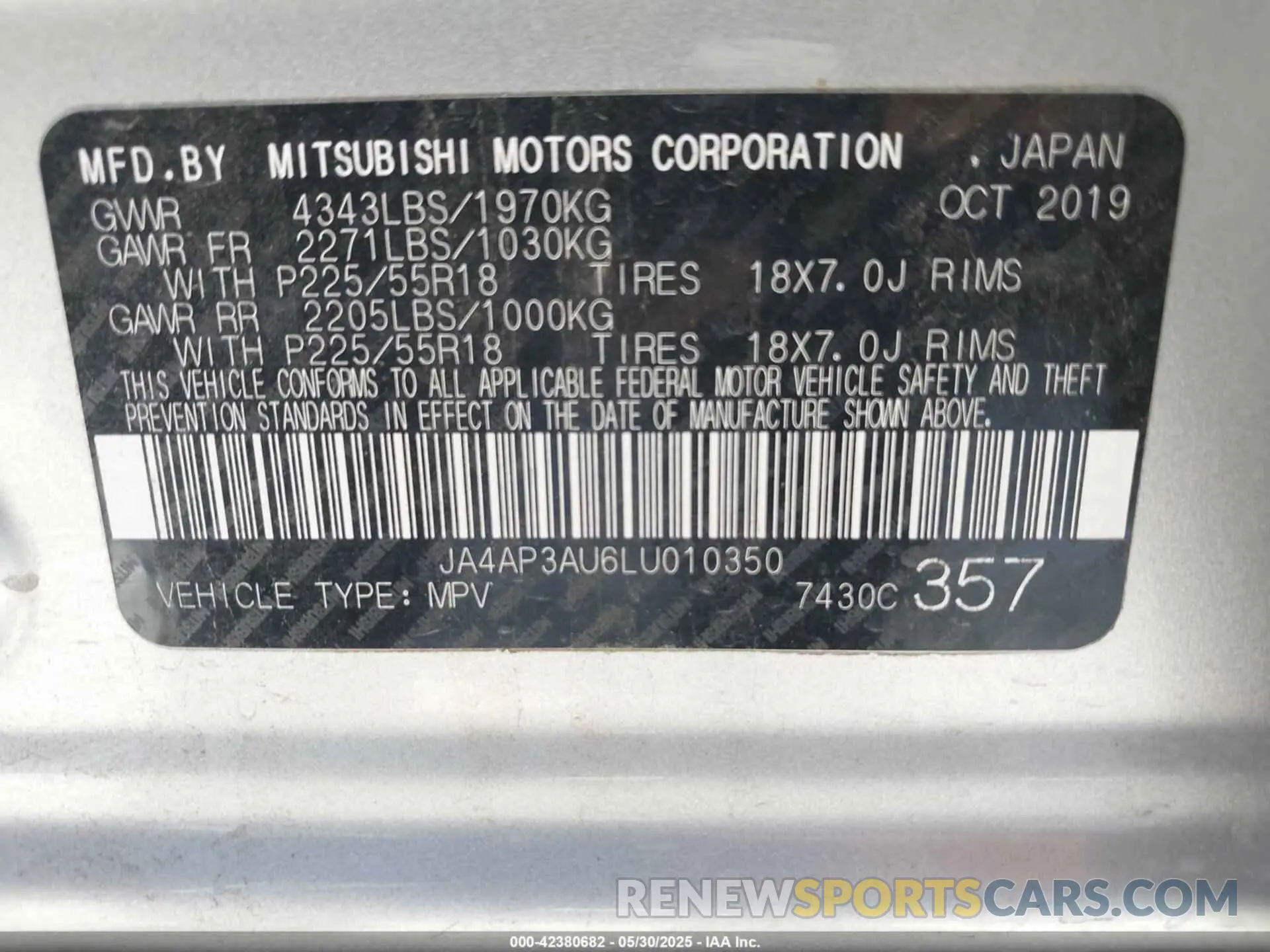 9 Photograph of a damaged car JA4AP3AU6LU010350 MITSUBISHI OUTLANDER SPORT 2020