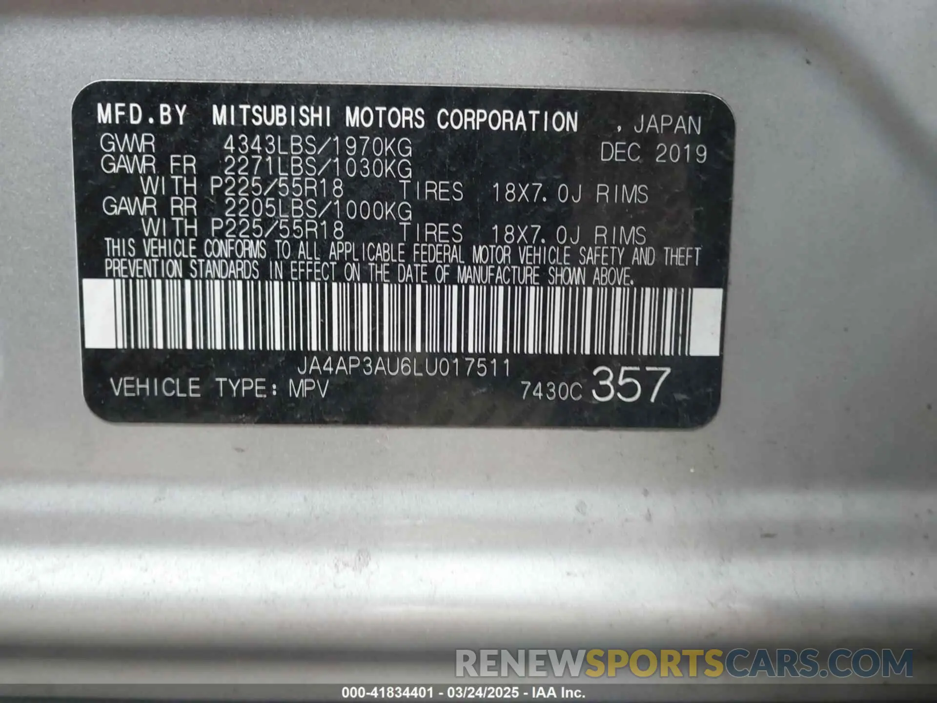 9 Photograph of a damaged car JA4AP3AU6LU017511 MITSUBISHI OUTLANDER SPORT 2020