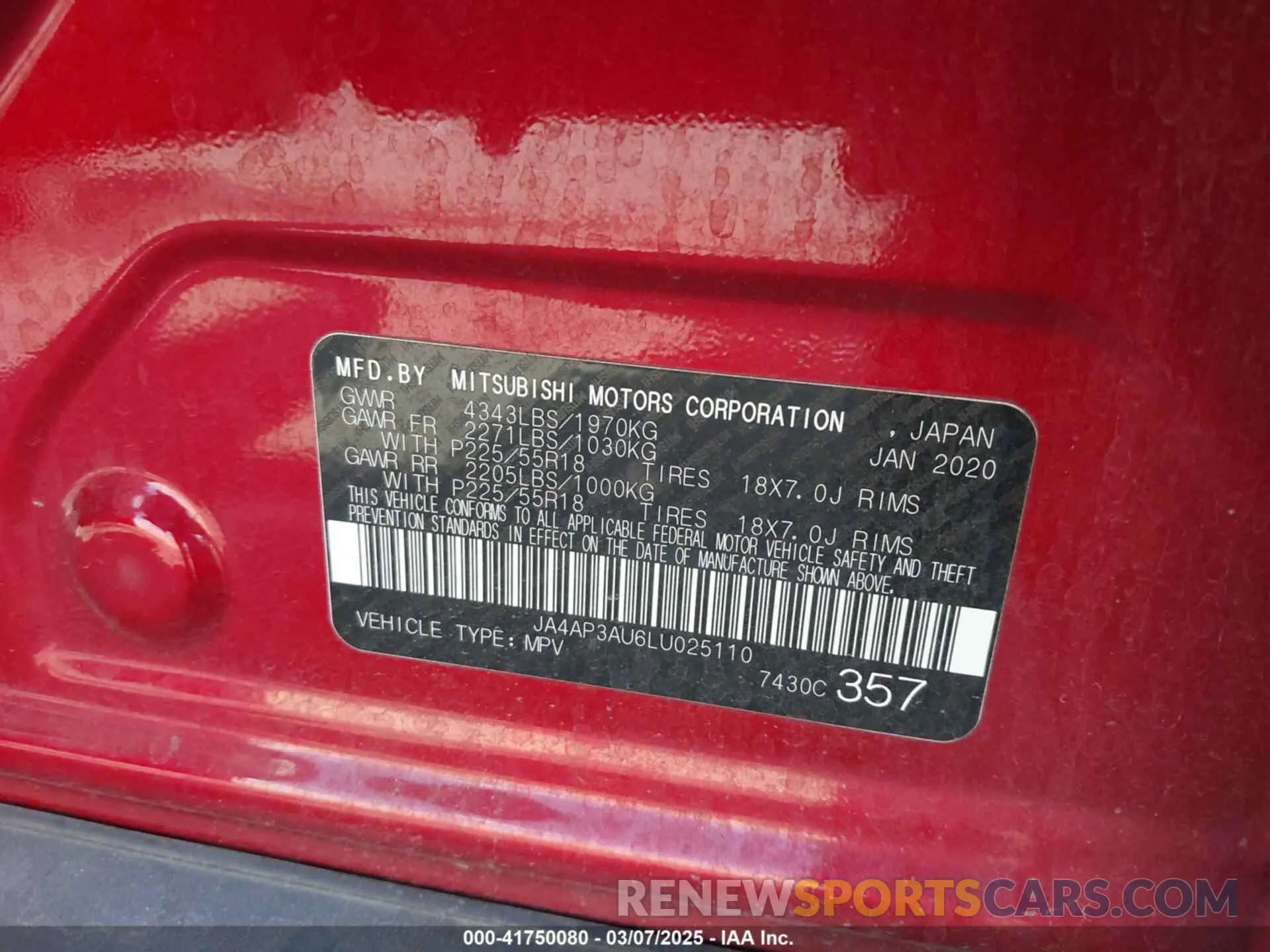 9 Photograph of a damaged car JA4AP3AU6LU025110 MITSUBISHI OUTLANDER SPORT 2020