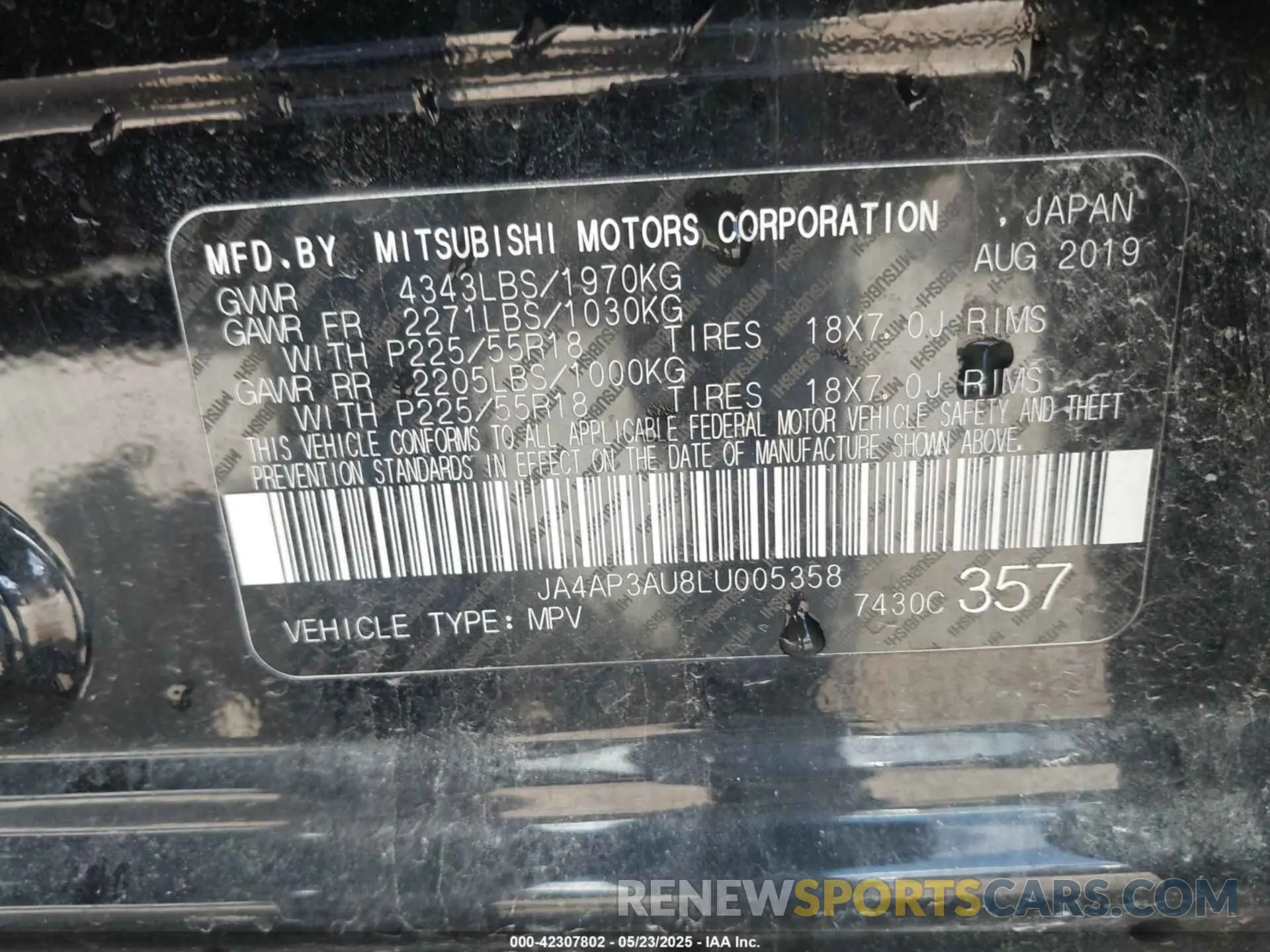 9 Photograph of a damaged car JA4AP3AU8LU005358 MITSUBISHI OUTLANDER SPORT 2020