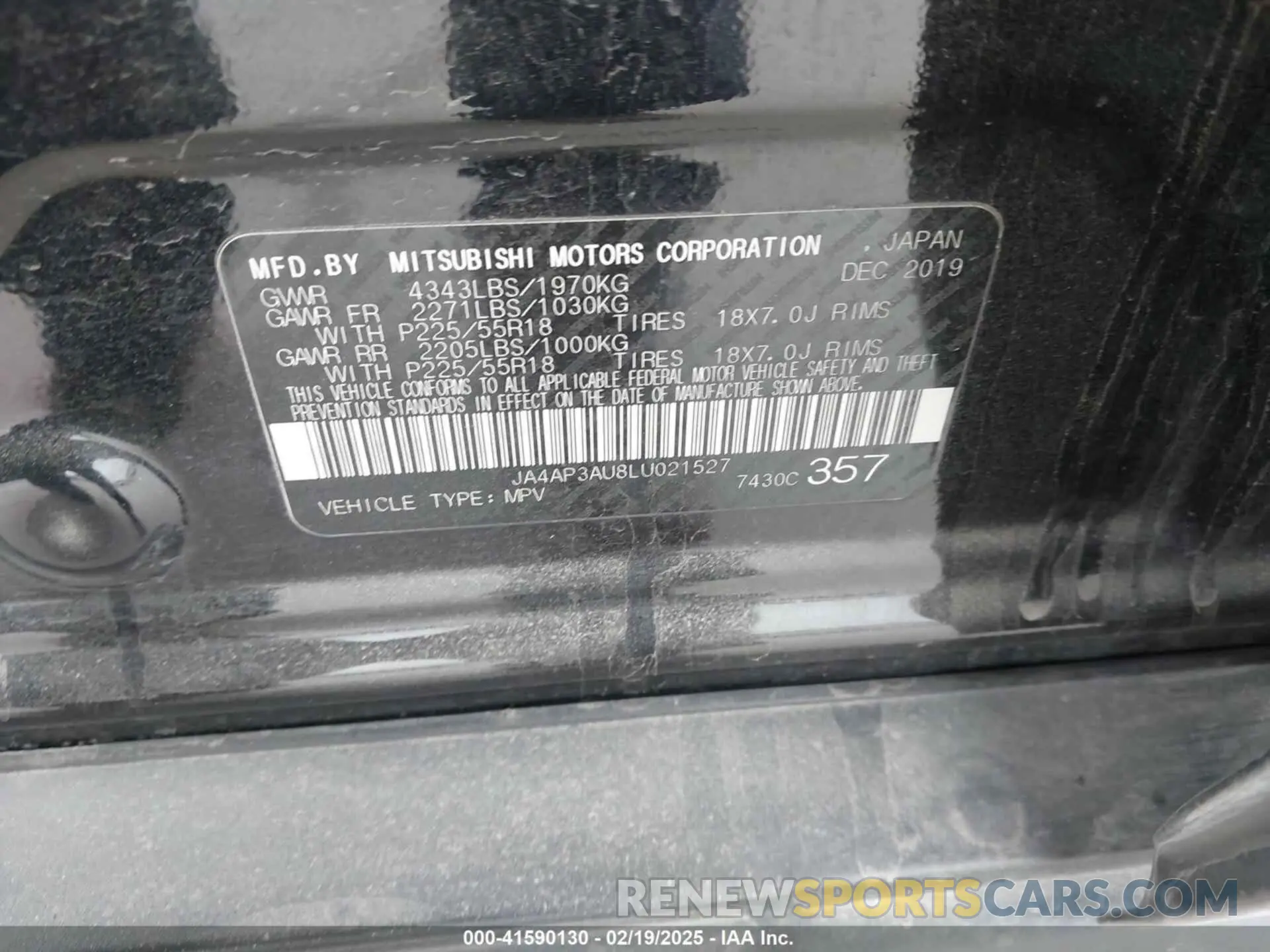 9 Photograph of a damaged car JA4AP3AU8LU021527 MITSUBISHI OUTLANDER SPORT 2020