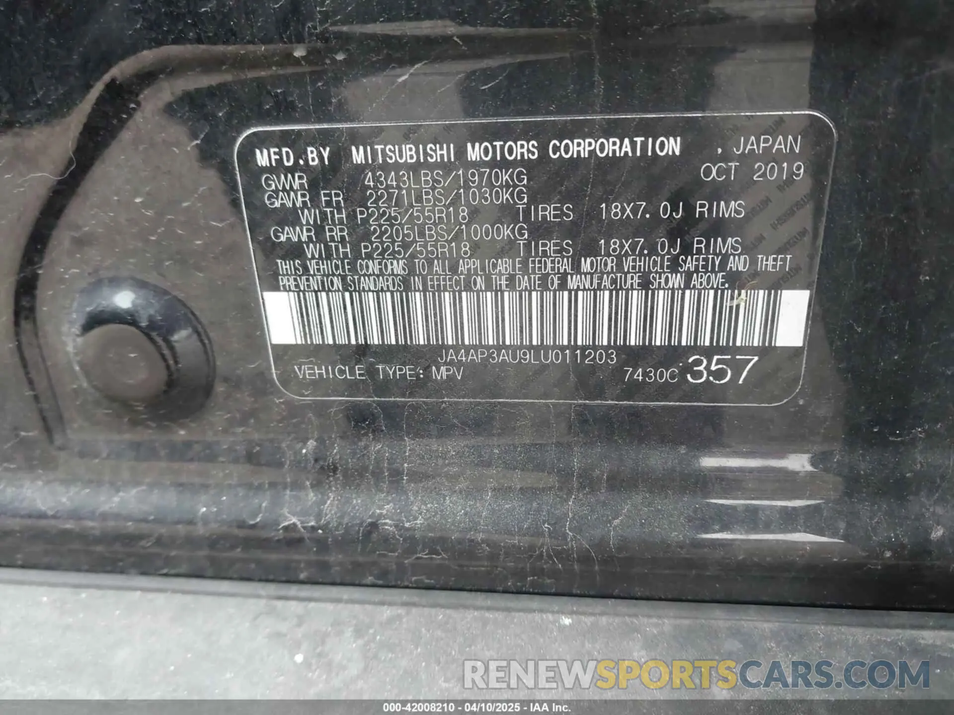 9 Photograph of a damaged car JA4AP3AU9LU011203 MITSUBISHI OUTLANDER SPORT 2020