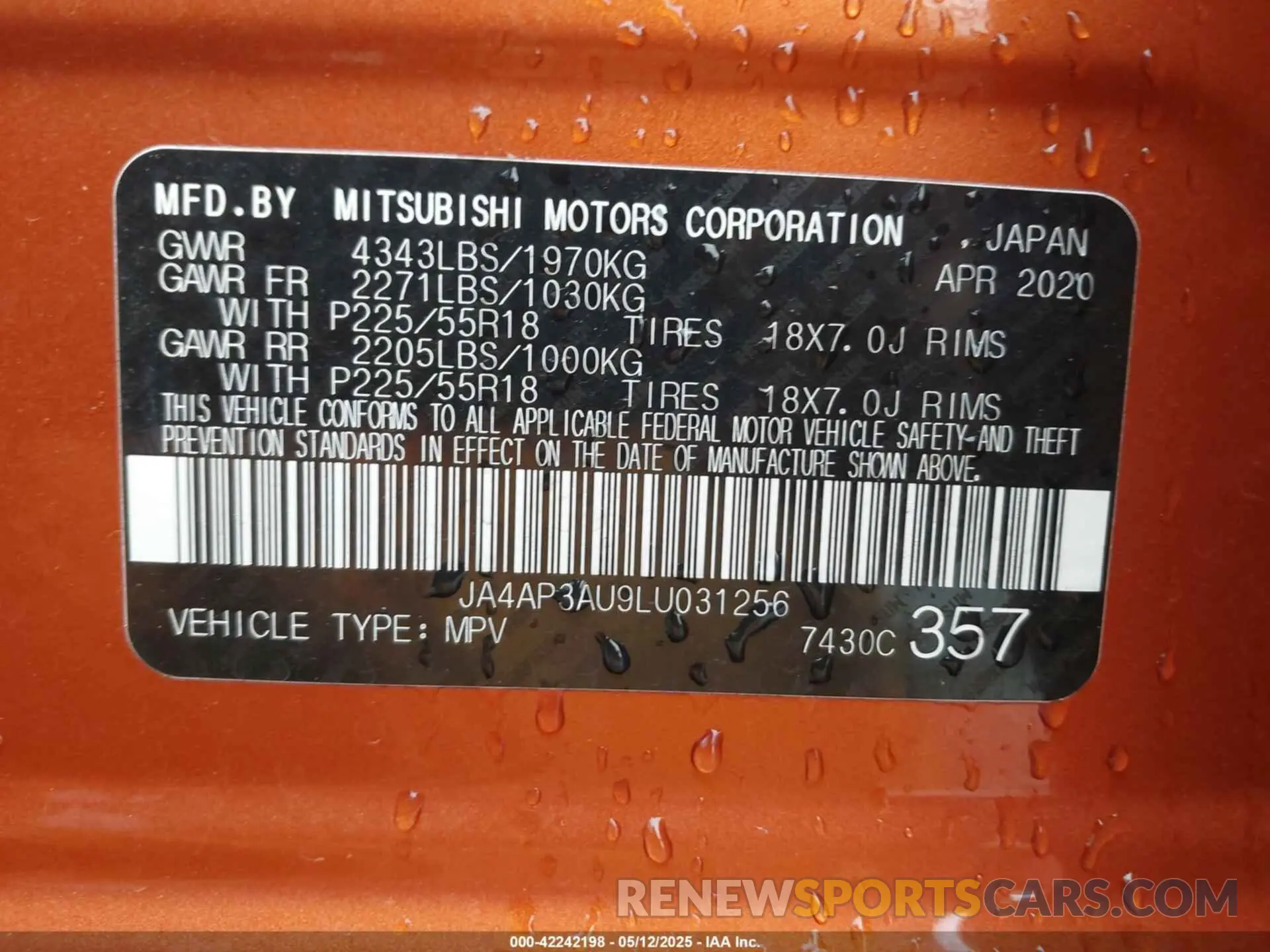 9 Photograph of a damaged car JA4AP3AU9LU031256 MITSUBISHI OUTLANDER SPORT 2020