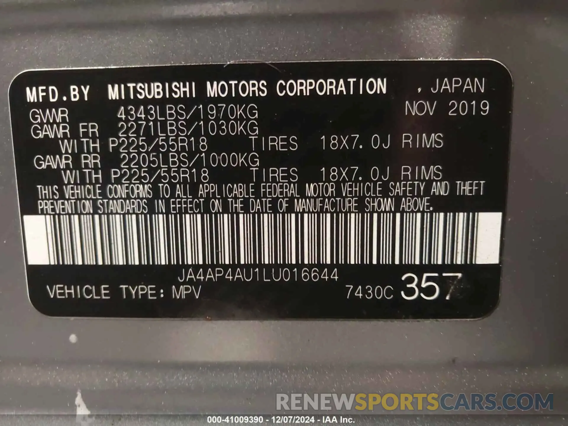 9 Photograph of a damaged car JA4AP4AU1LU016644 MITSUBISHI OUTLANDER SPORT 2020